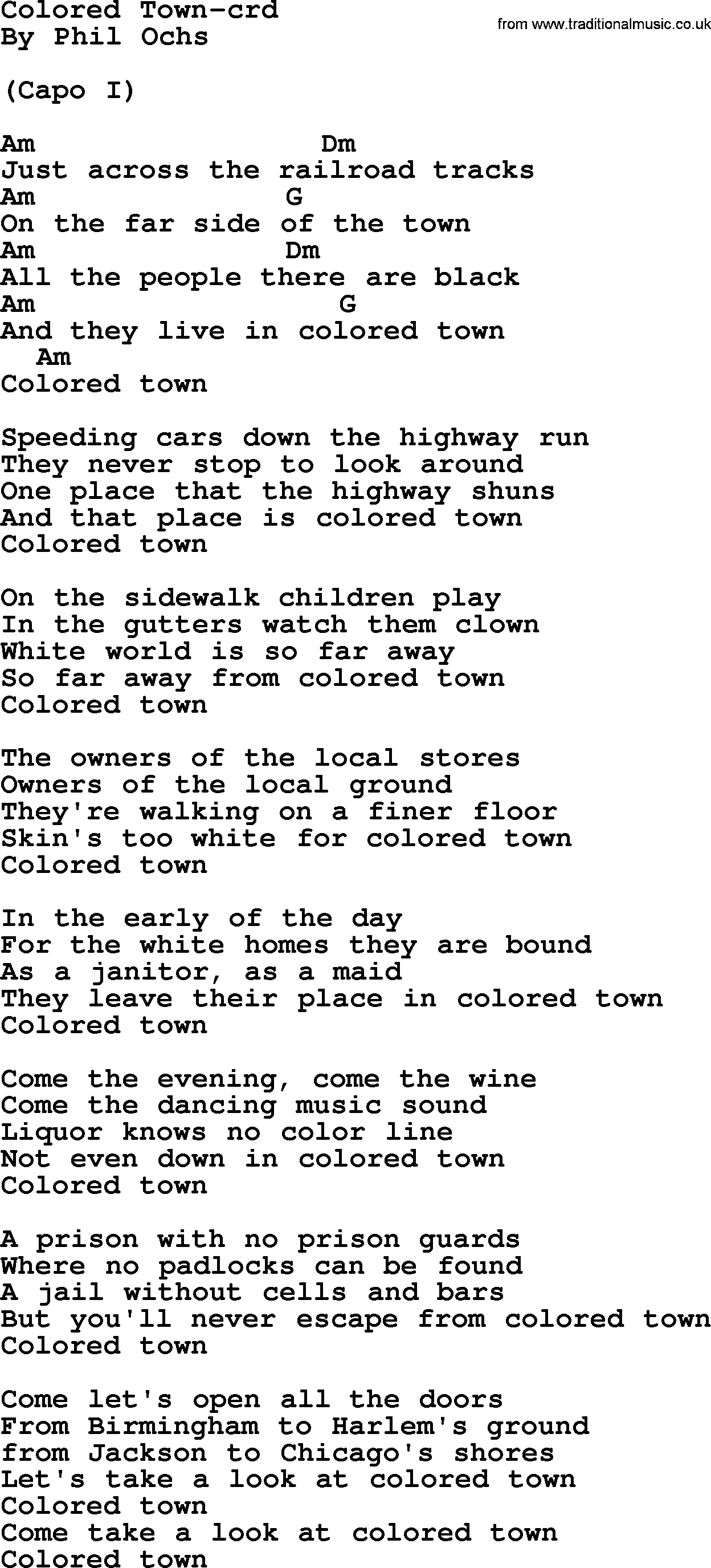 Phil Ochs song Colored Town- by Phil Ochs, lyrics and chords