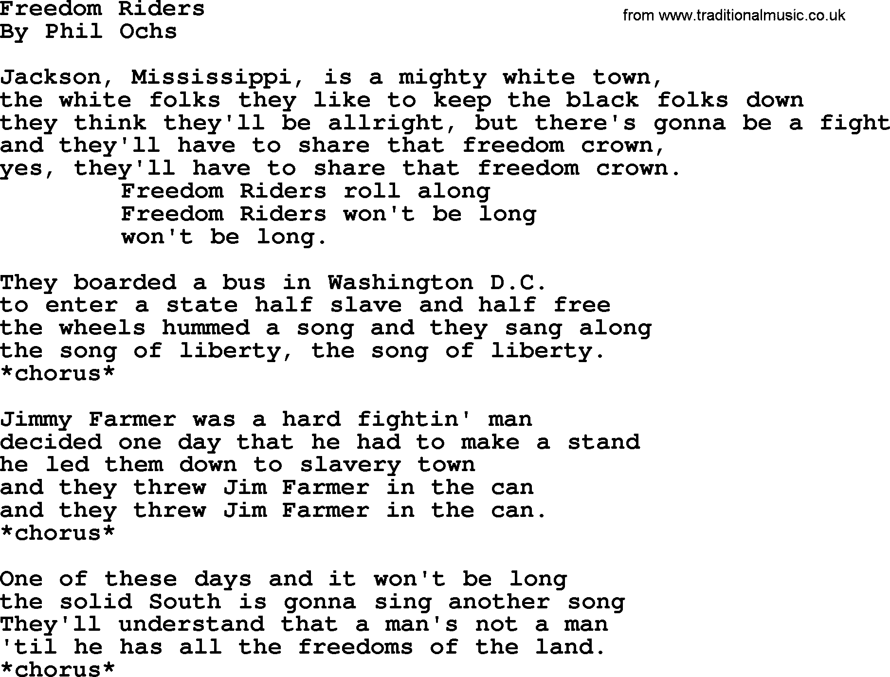 Phil Ochs song Freedom Riders, lyrics