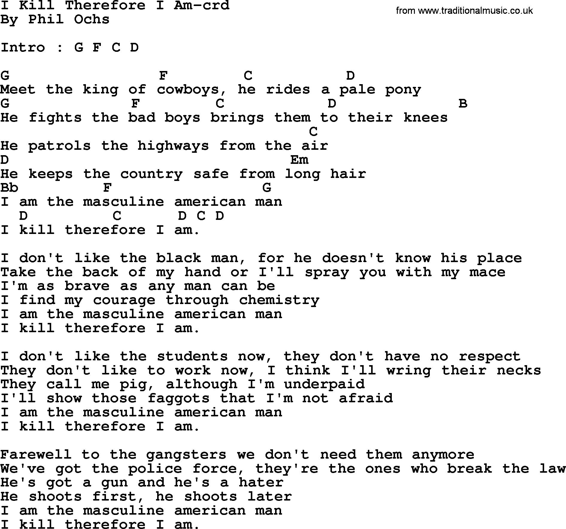 Phil Ochs song I Kill Therefore I Am- by Phil Ochs, lyrics and chords