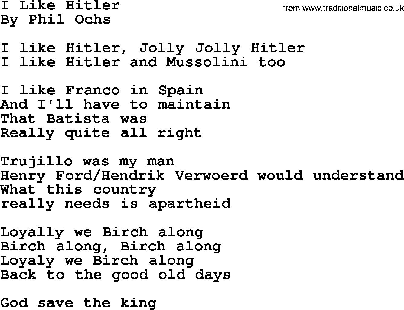 Phil Ochs song I Like Hitler, lyrics