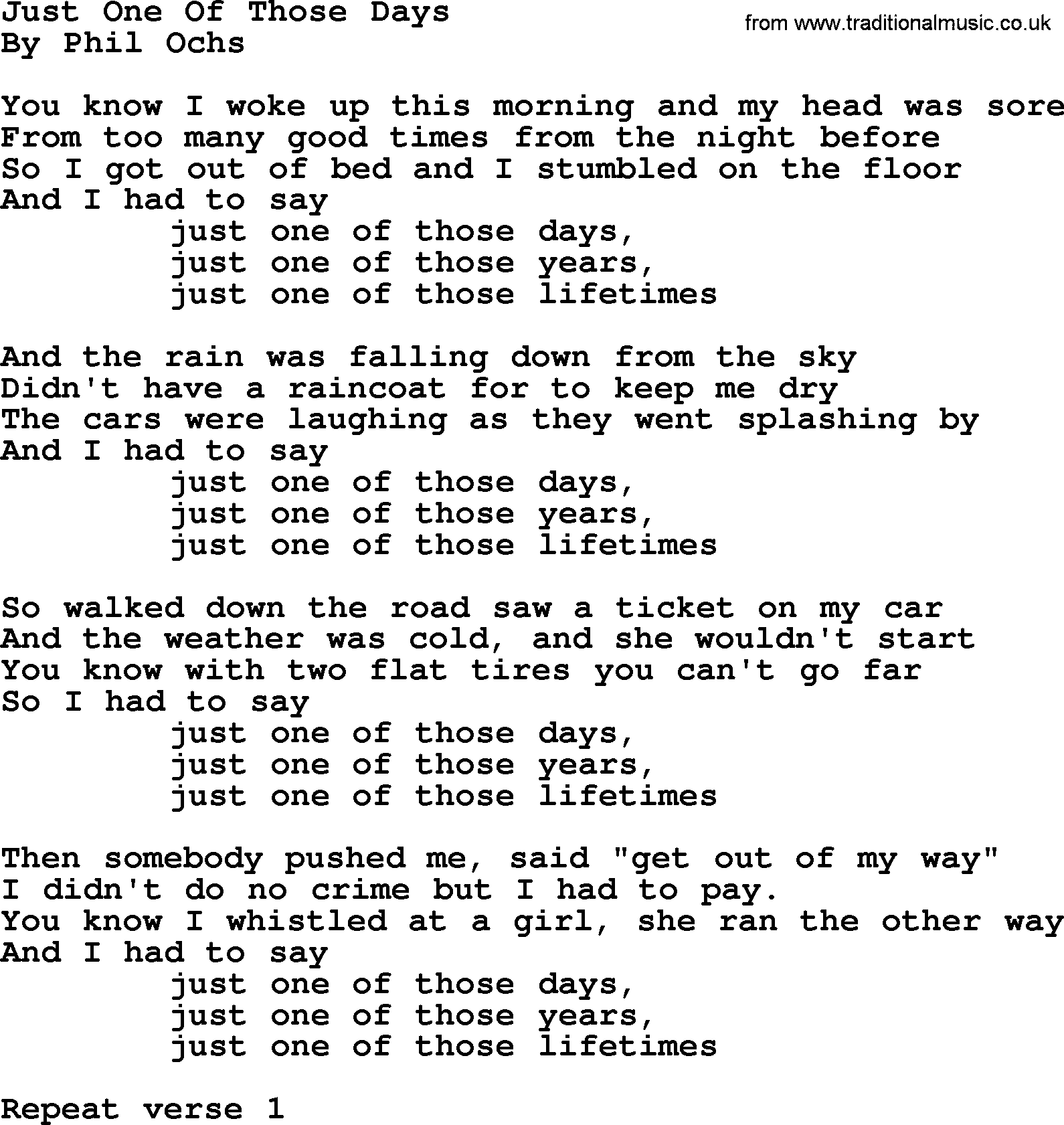 Phil Ochs song Just One Of Those Days, lyrics