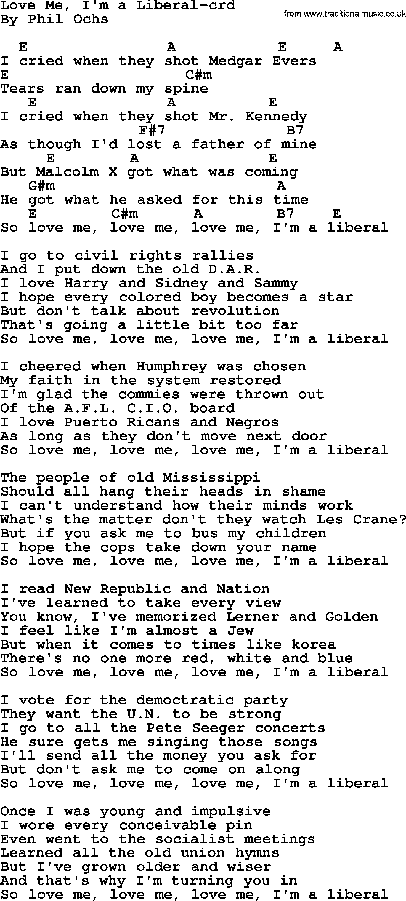 Phil Ochs song Love Me, I'm A Liberal- by Phil Ochs, lyrics and chords
