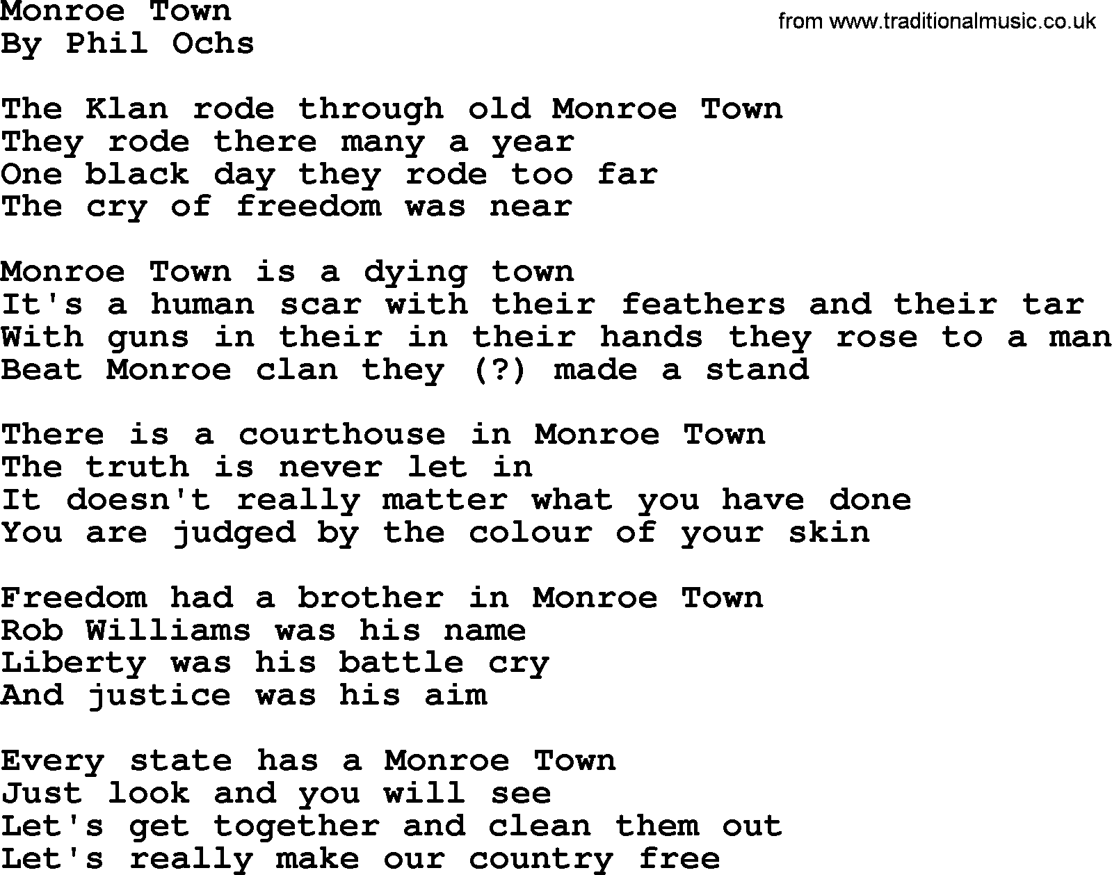 Phil Ochs song Monroe Town, lyrics