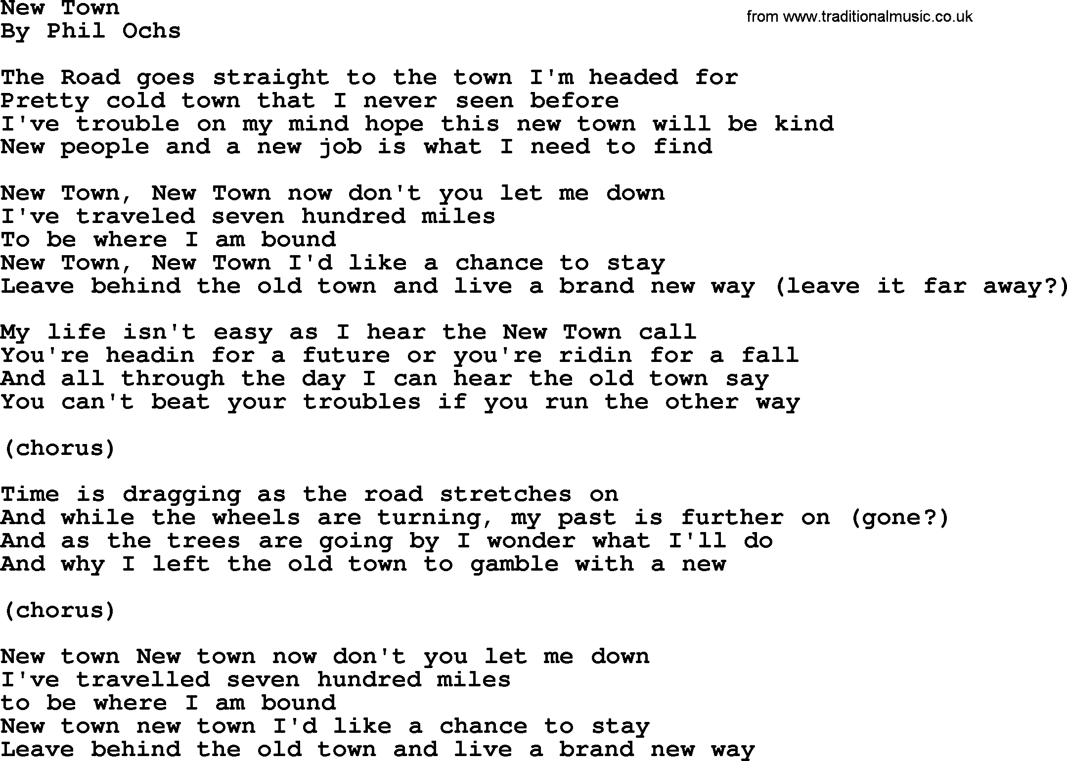 Phil Ochs song New Town, lyrics