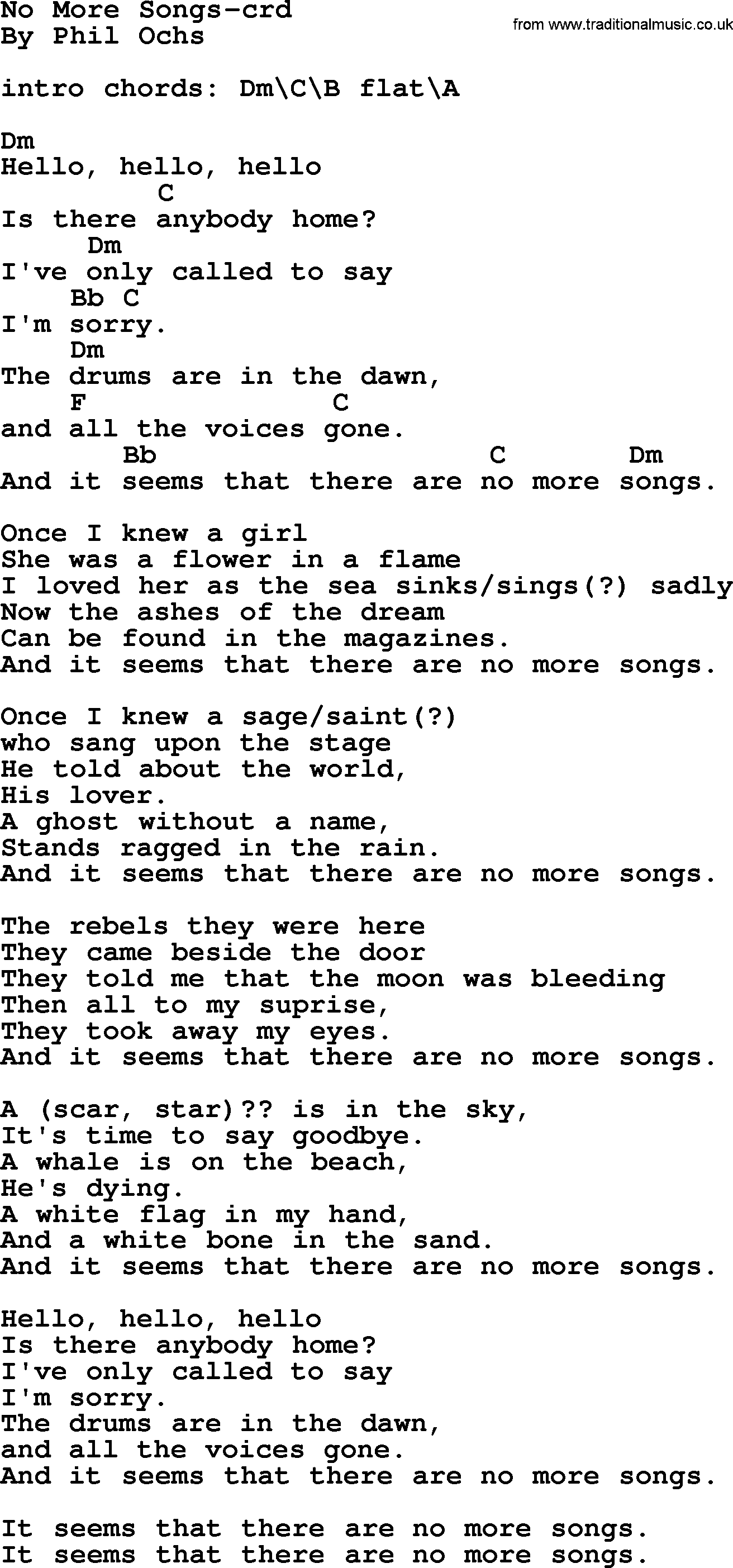Phil Ochs song No More Songs- by Phil Ochs, lyrics and chords