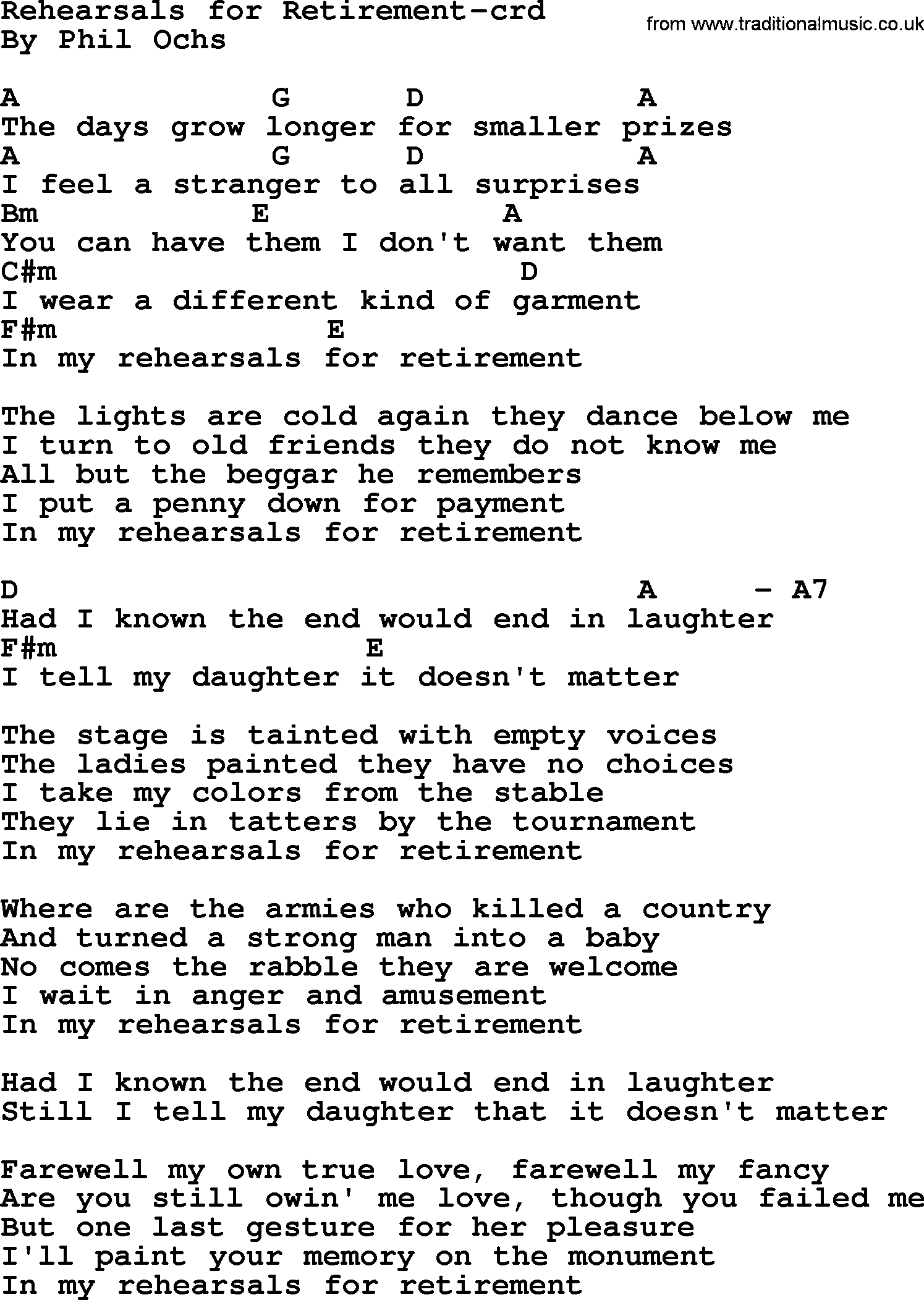 Phil Ochs song Rehearsals For Retirement- by Phil Ochs, lyrics and chords