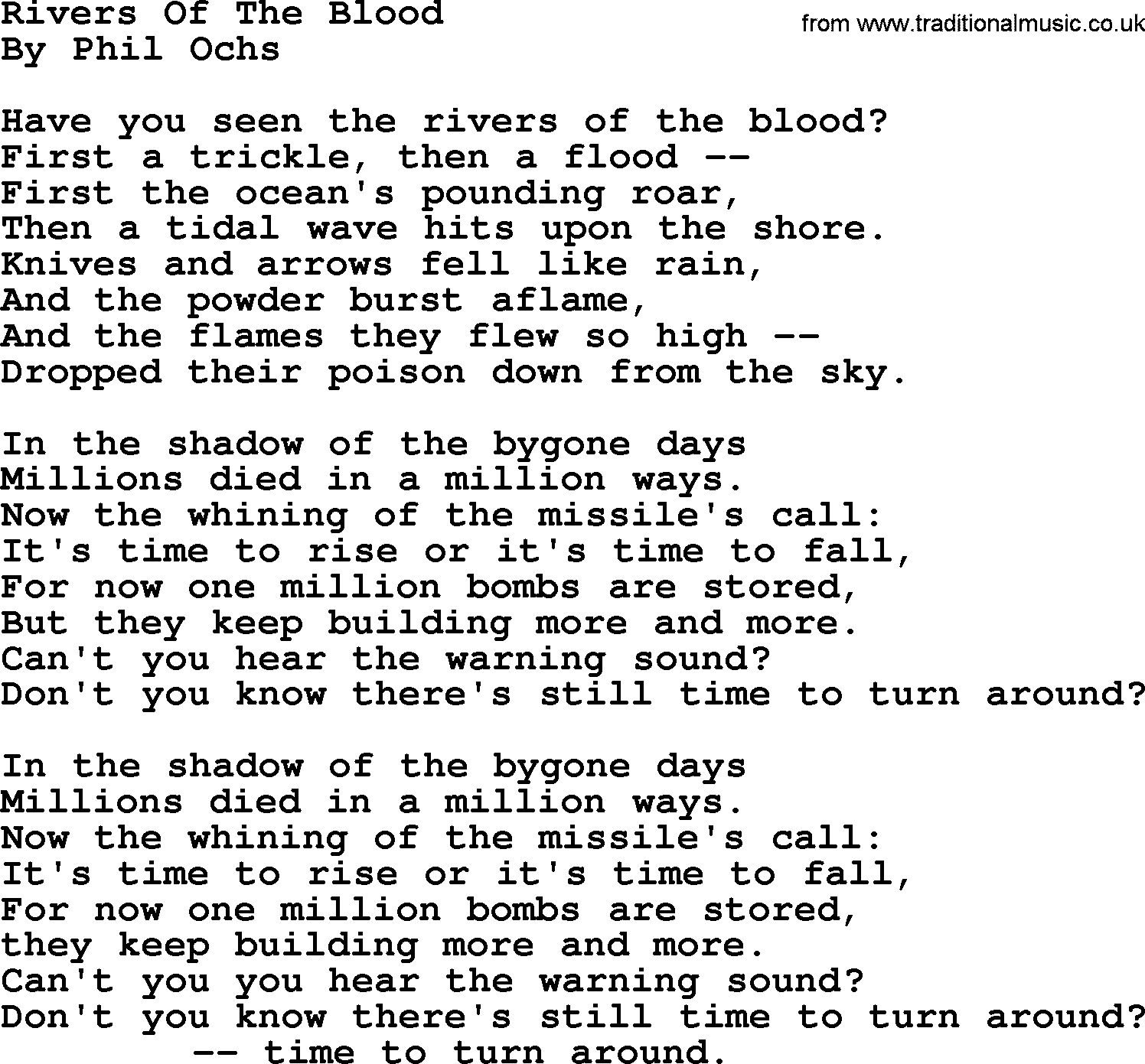 Phil Ochs song Rivers Of The Blood, lyrics
