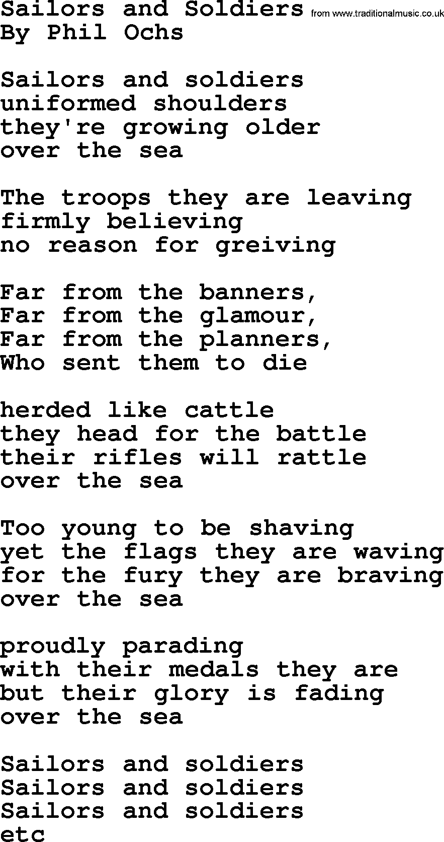 Phil Ochs song Sailors And Soldiers, lyrics