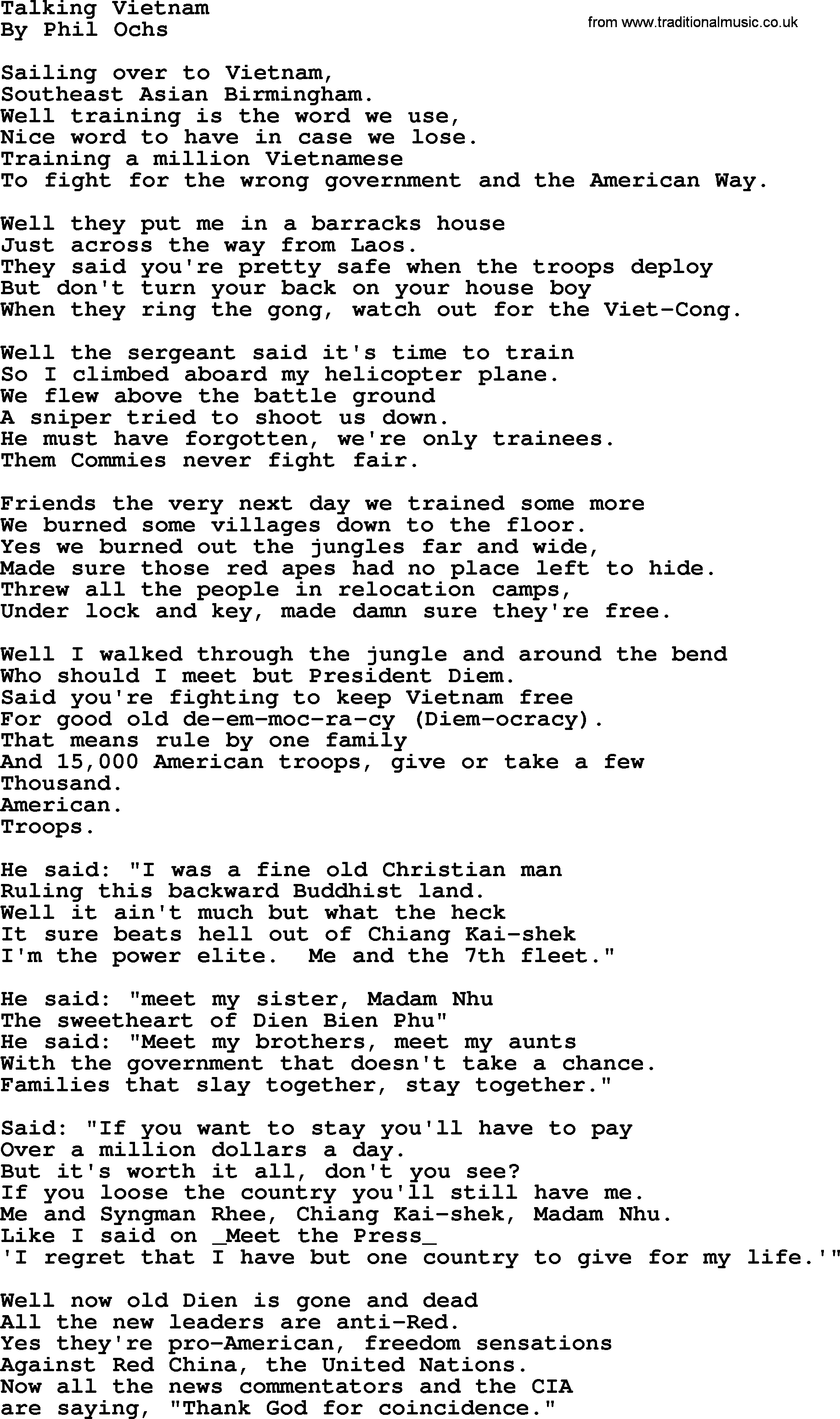 Phil Ochs song Talking Vietnam, lyrics
