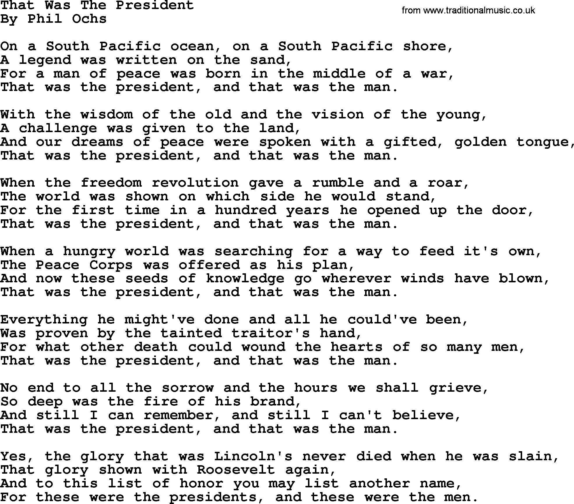 Phil Ochs song That Was The President, lyrics
