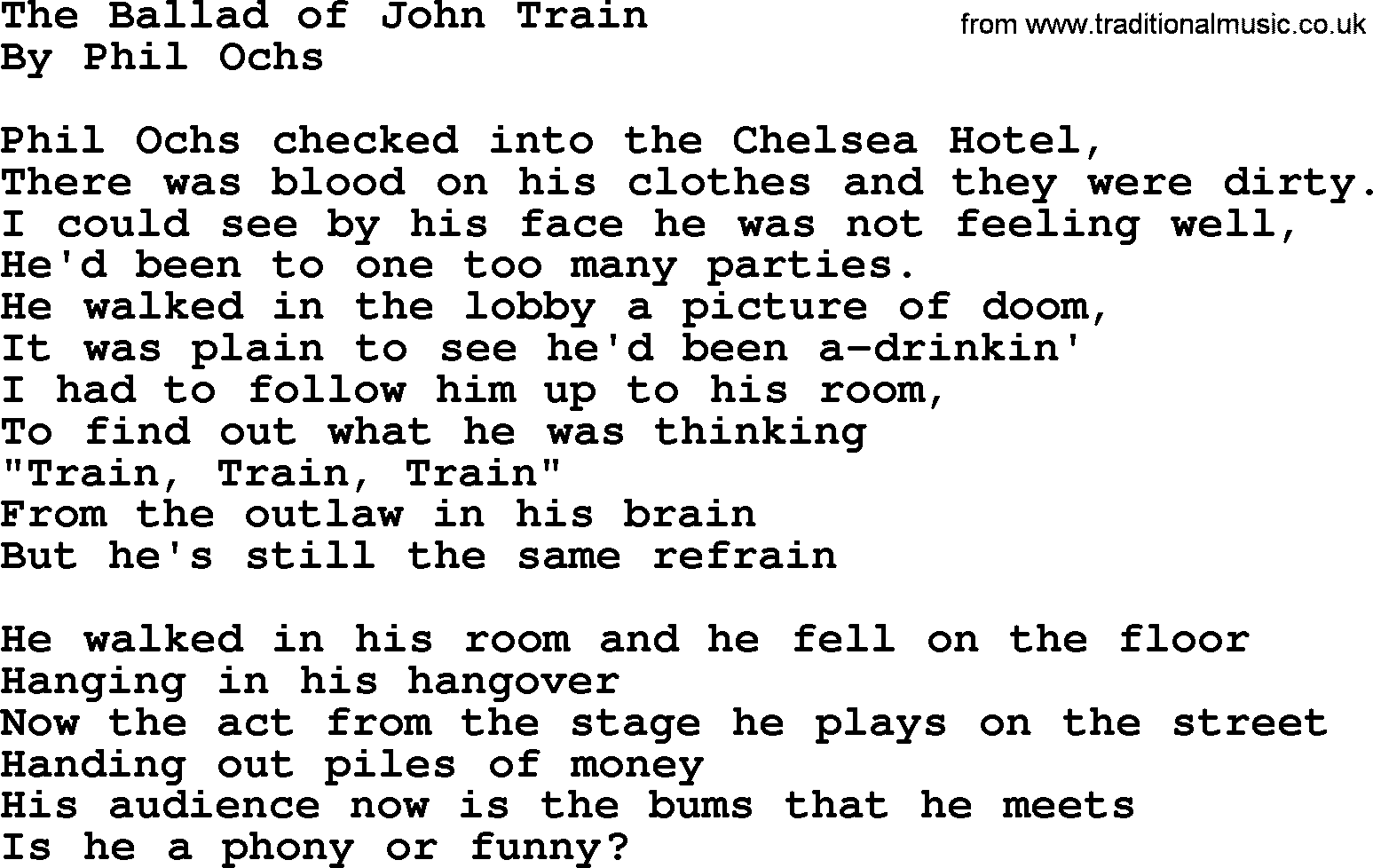 Phil Ochs song The Ballad Of John Train, lyrics