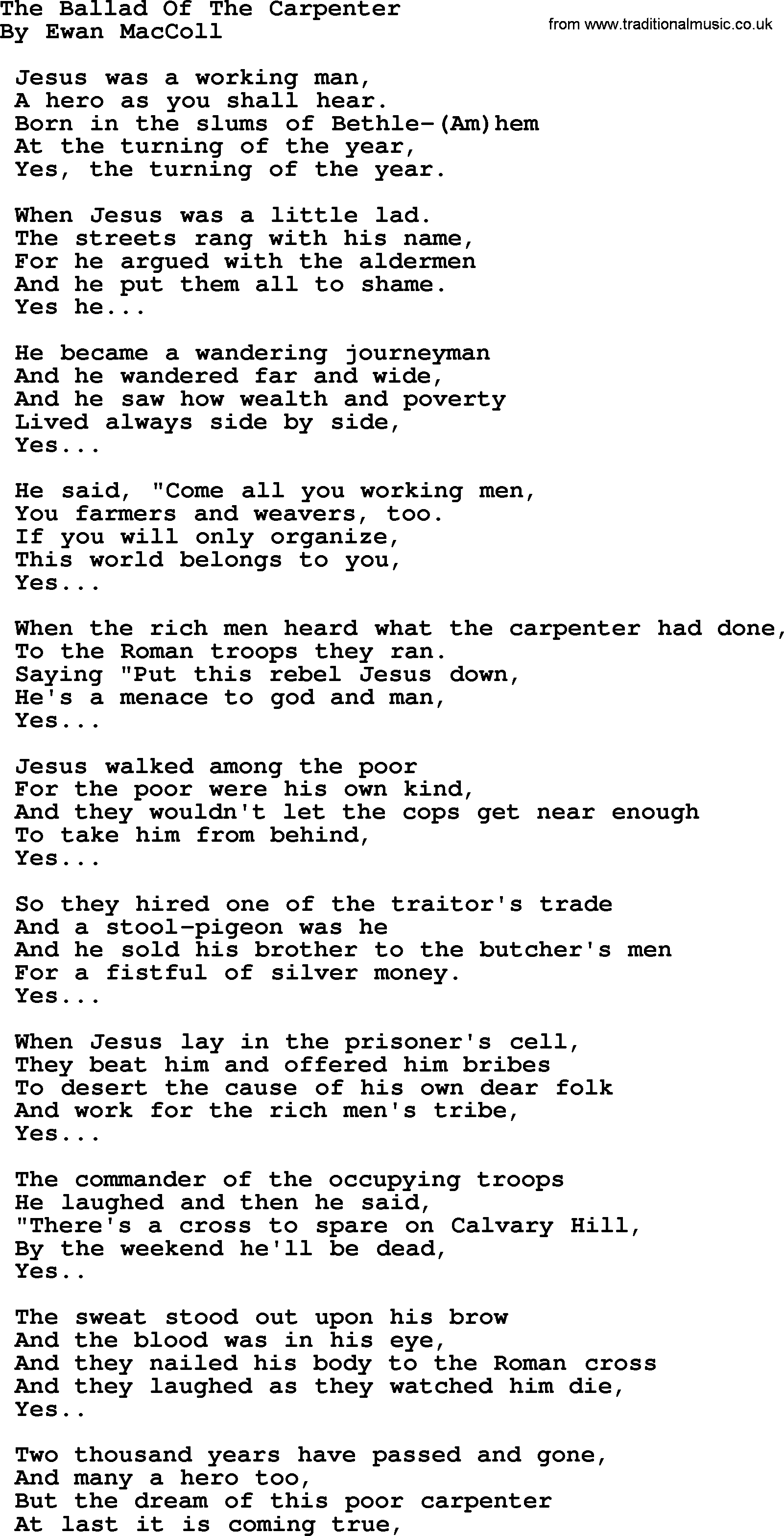 Phil Ochs song The Ballad Of The Carpenter, lyrics
