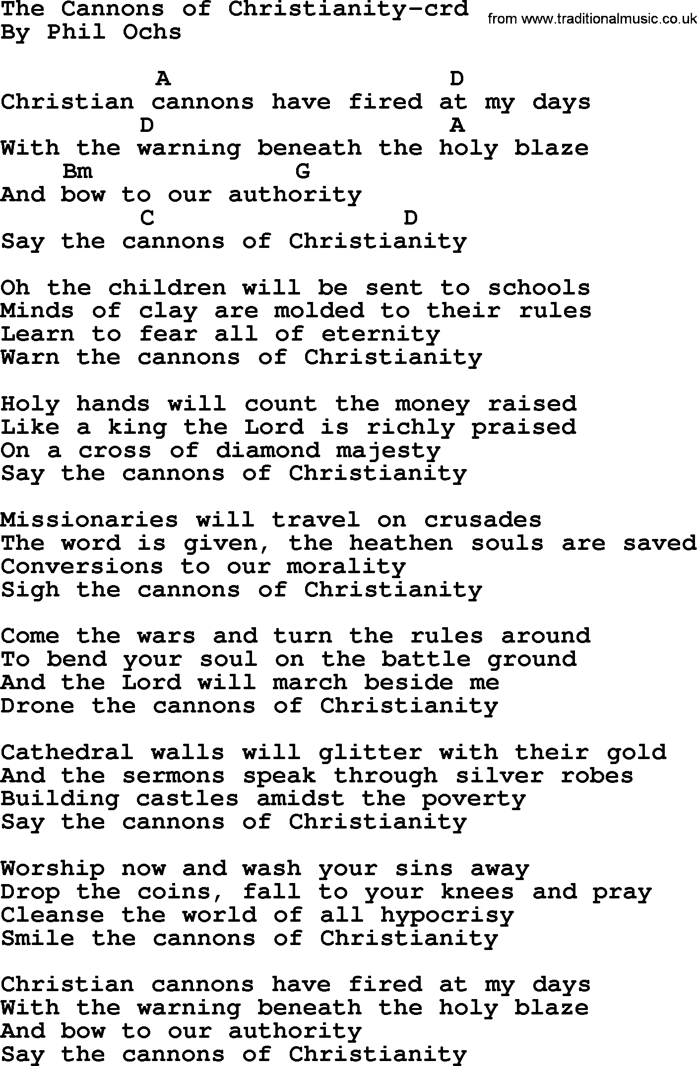 Phil Ochs song The Cannons Of Christianity- by Phil Ochs, lyrics and chords