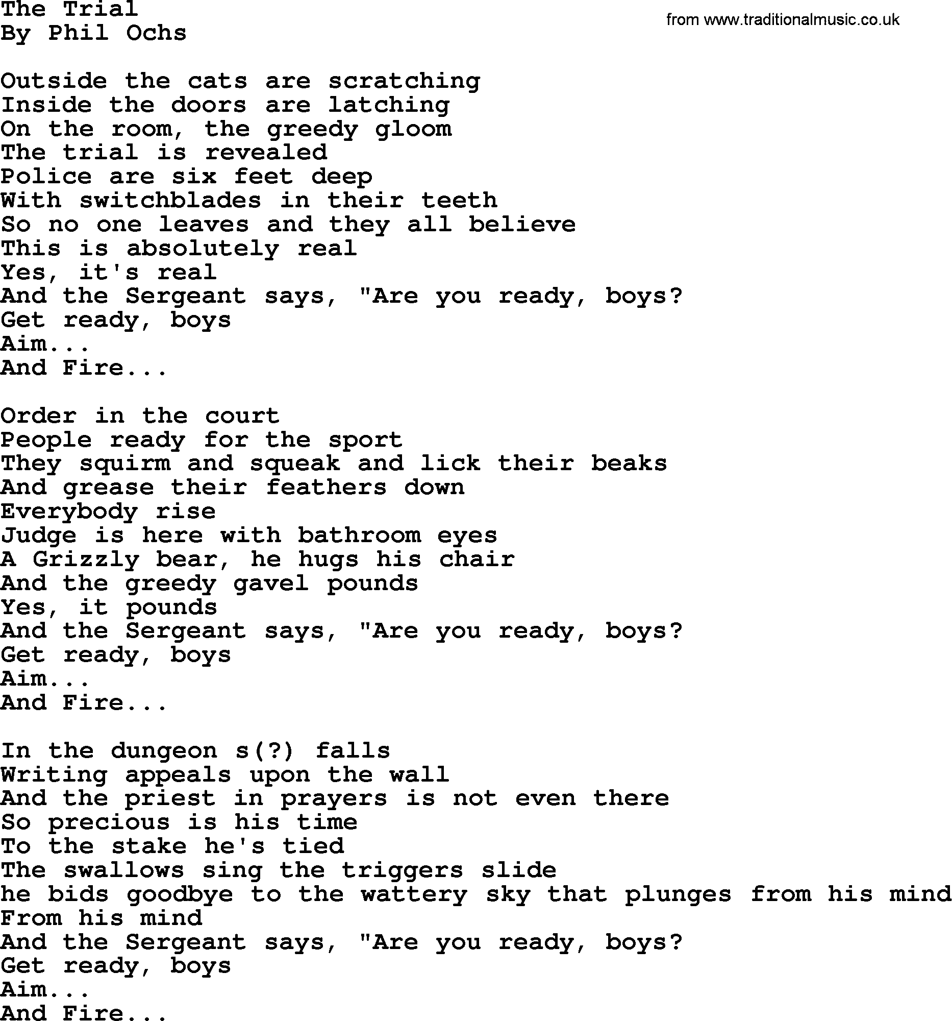 Phil Ochs song The Trial, lyrics