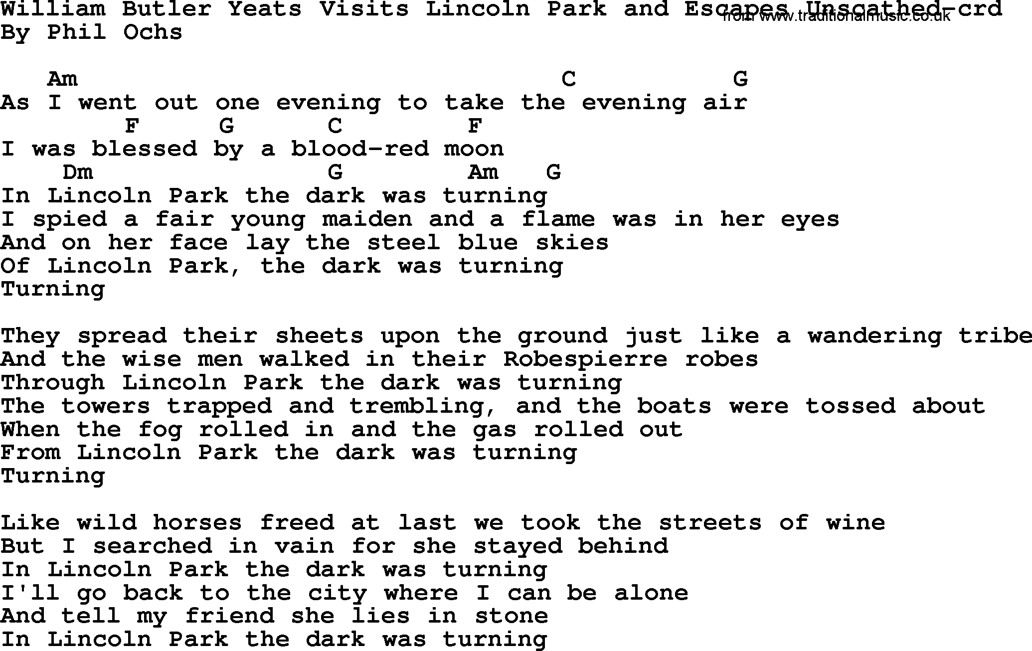 Phil Ochs song William Butler Yeats Visits Lincoln Park And Escapes Unscathed- by Phil Ochs, lyrics and chords