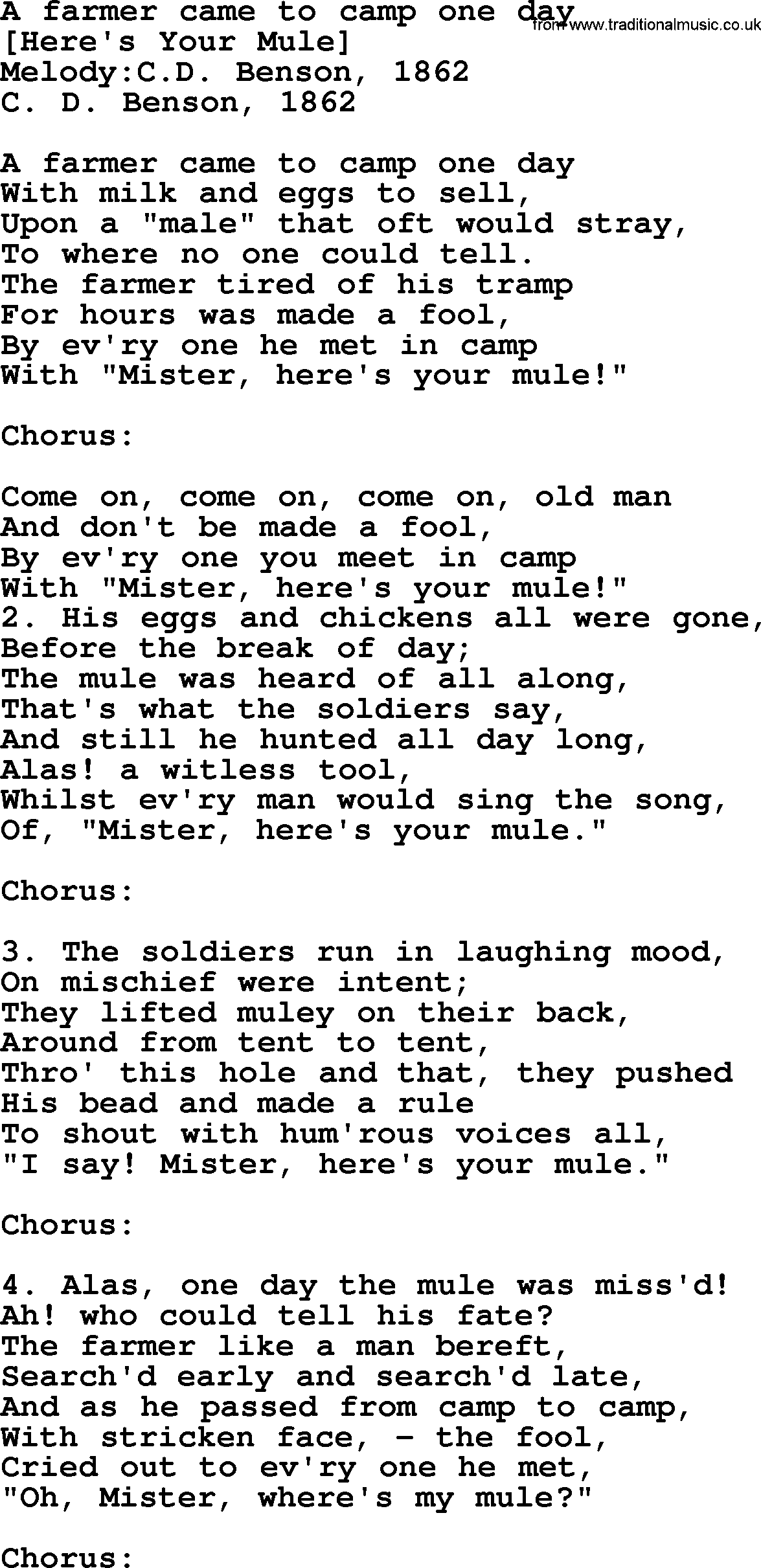 Old American Song: A Farmer Came To Camp One Day, lyrics