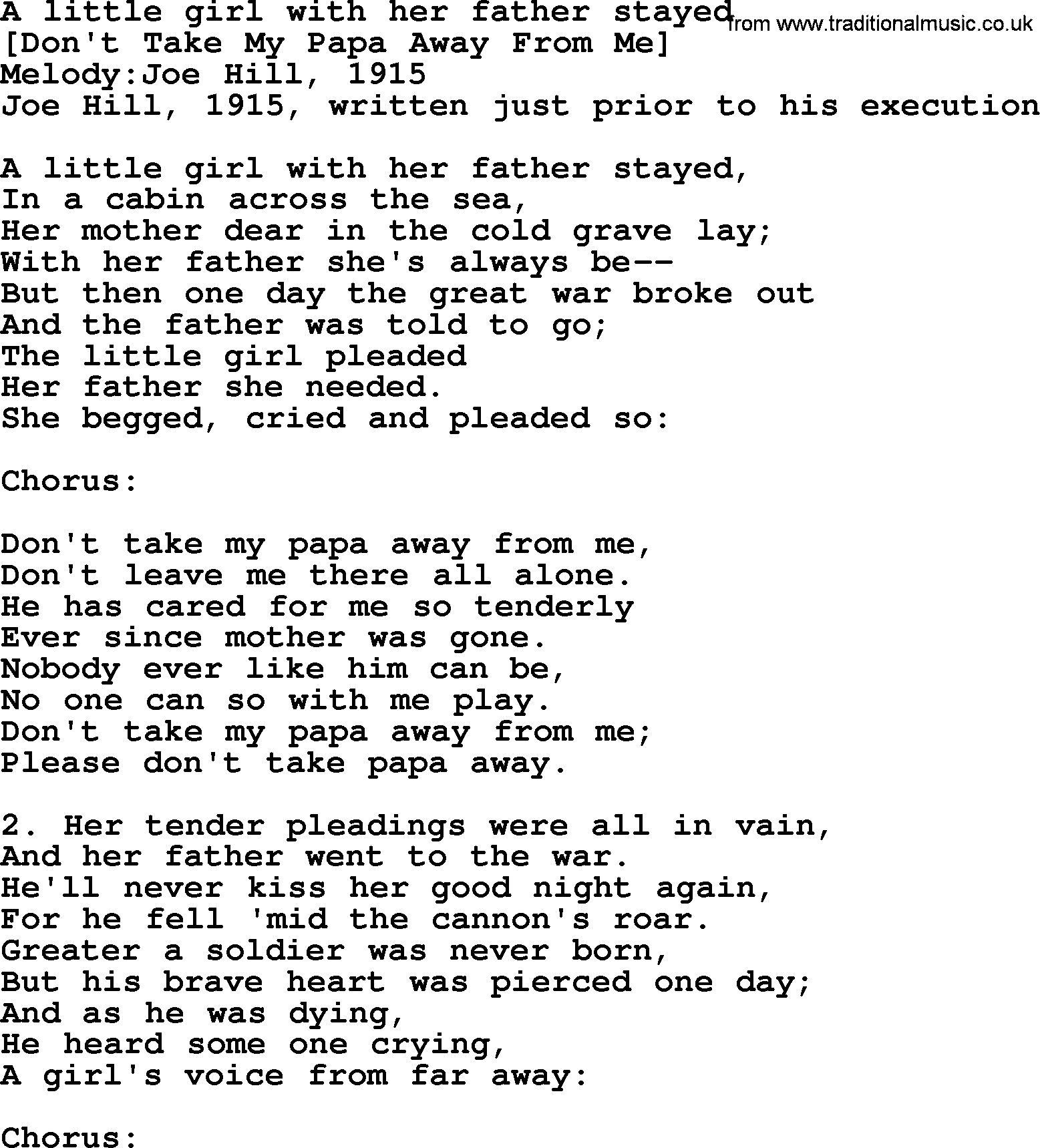 Old American Song: A Little Girl With Her Father Stayed, lyrics