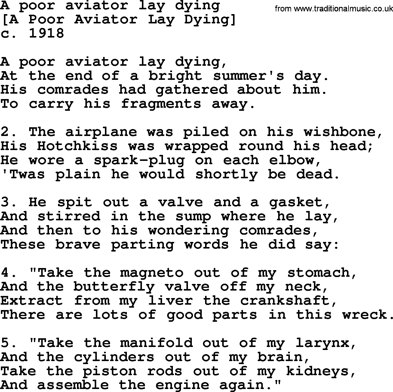 Old American Song: A Poor Aviator Lay Dying, lyrics