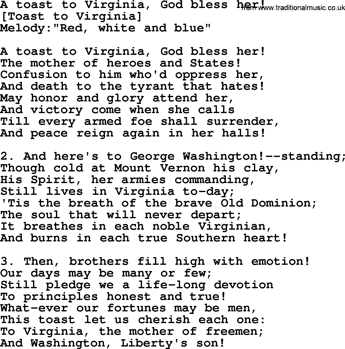 Old American Song: A Toast To Virginia, God Bless Her!, lyrics