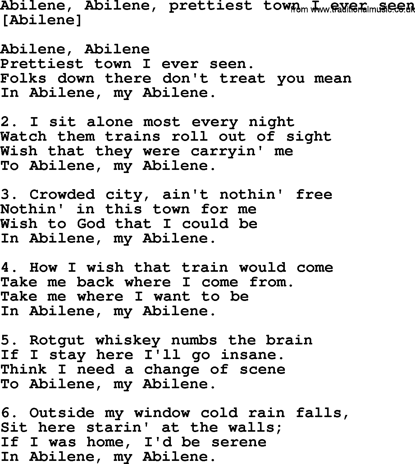 Old American Song: Abilene, Abilene, Prettiest Town I Ever Seen, lyrics