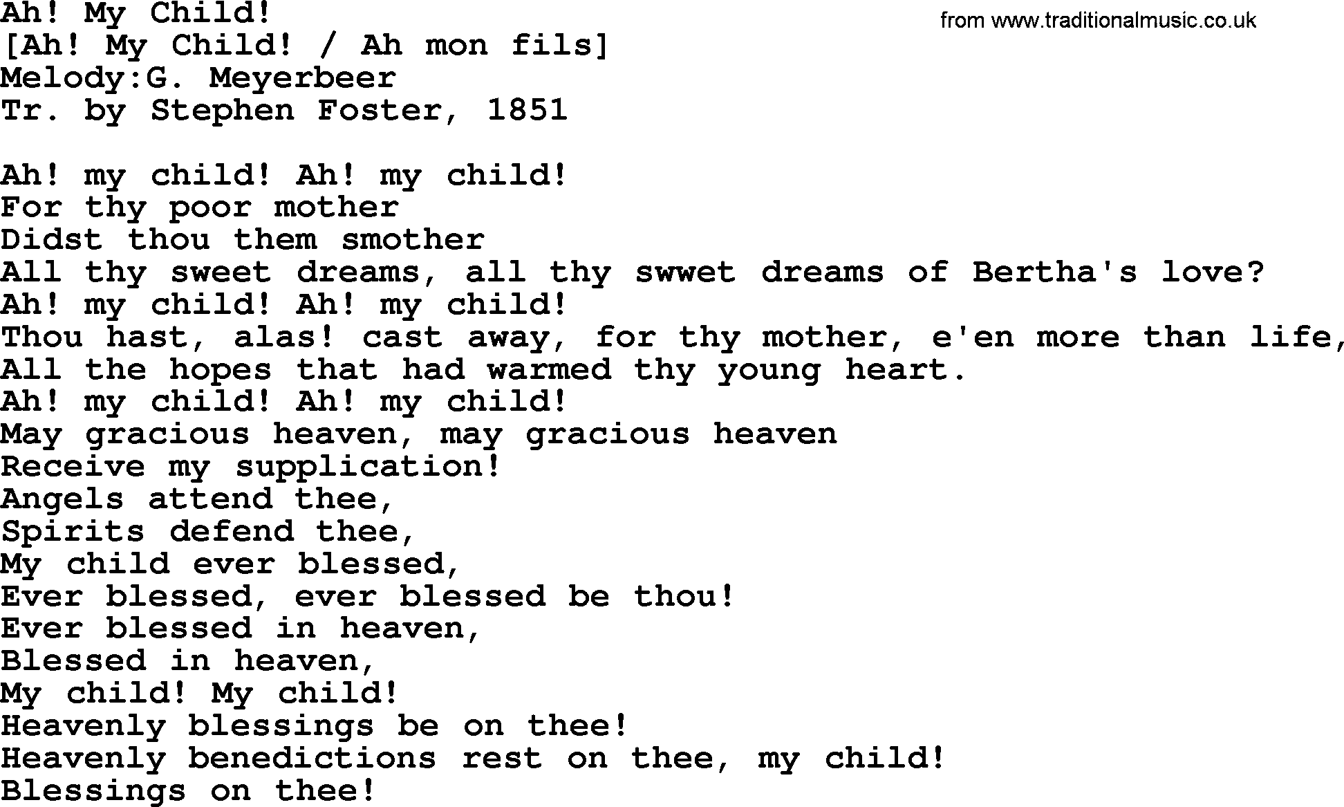 Old American Song: Ah! My Child!, lyrics