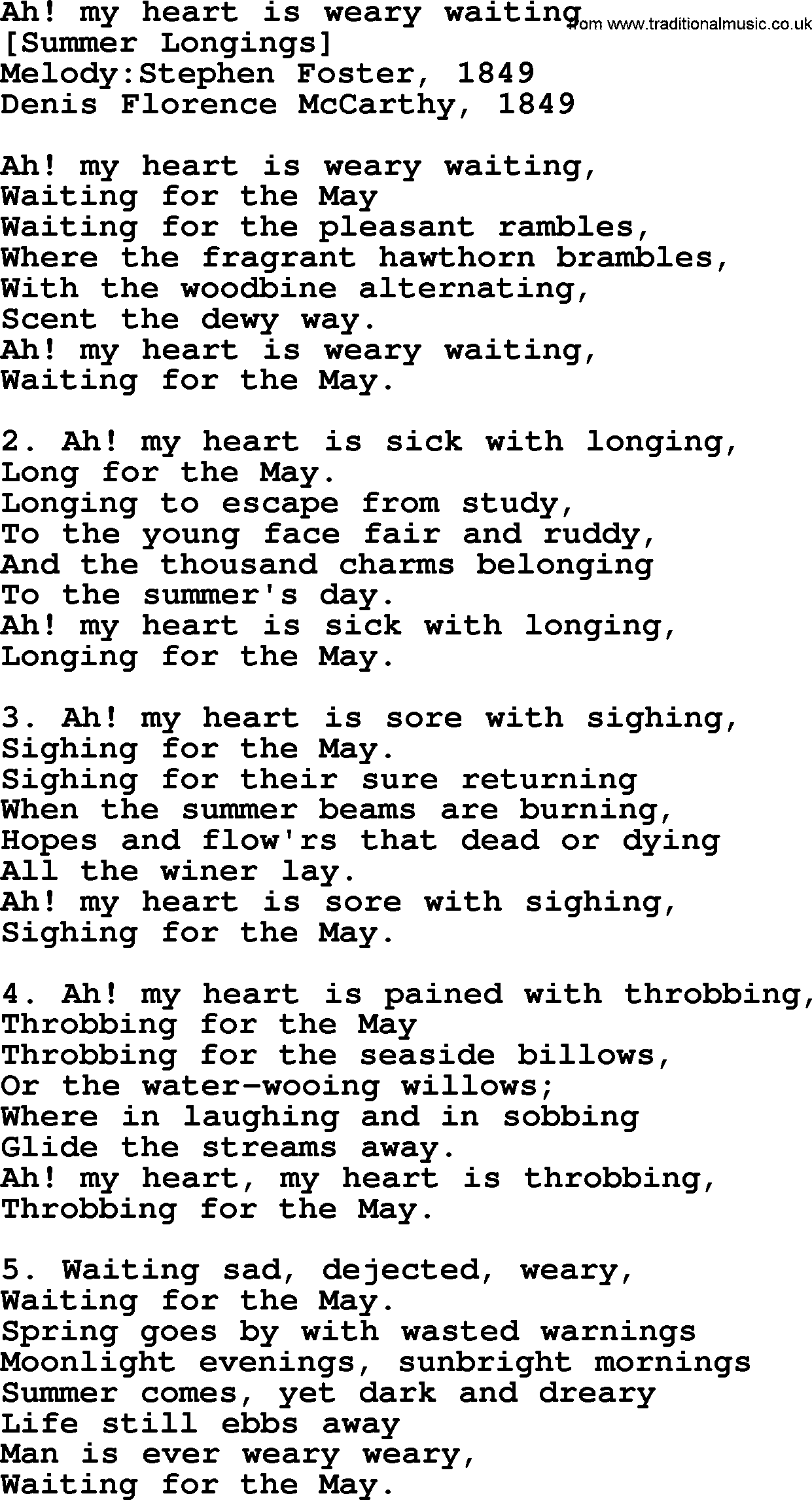 Old American Song: Ah! My Heart Is Weary Waiting, lyrics