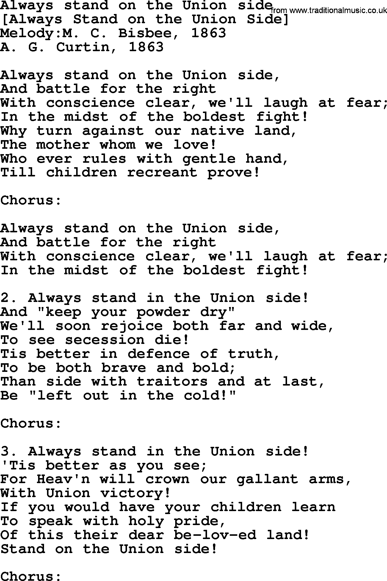Old American Song: Always Stand On The Union Side, lyrics