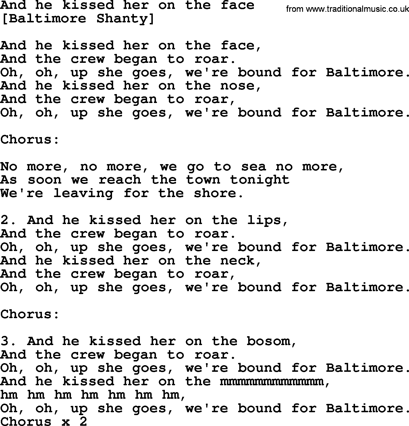 Old American Song: And He Kissed Her On The Face, lyrics