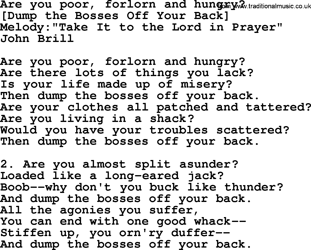 Old American Song: Are You Poor, Forlorn And Hungry, lyrics