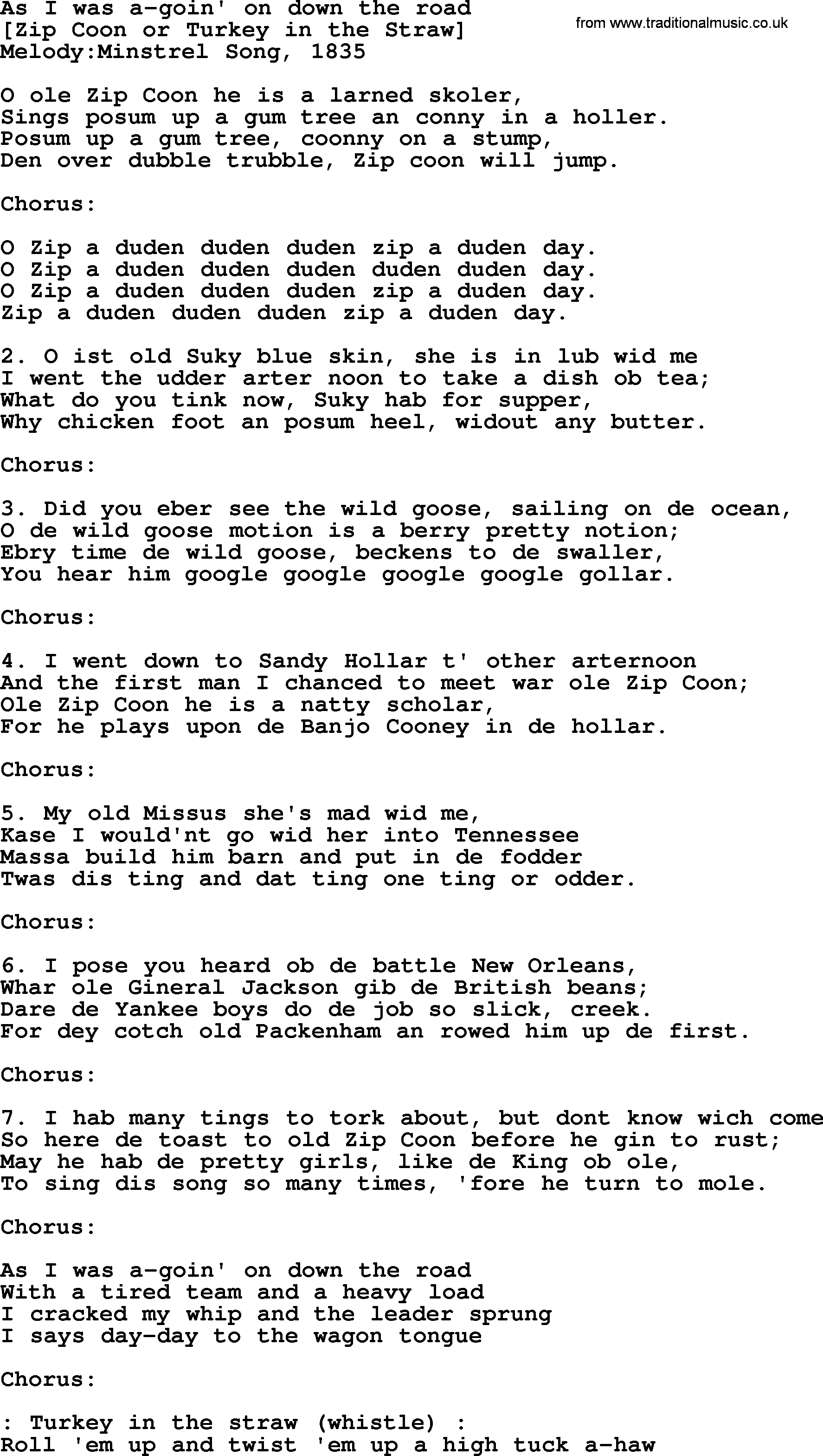 Old American Song: As I Was A-Goin' On Down The Road, lyrics