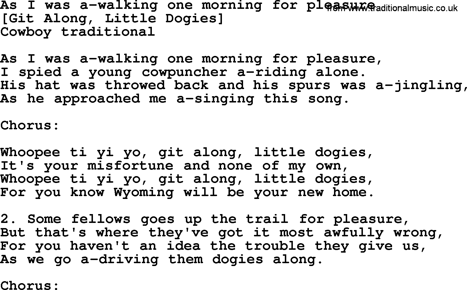 Old American Song: As I Was A-Walking One Morning For Pleasure, lyrics