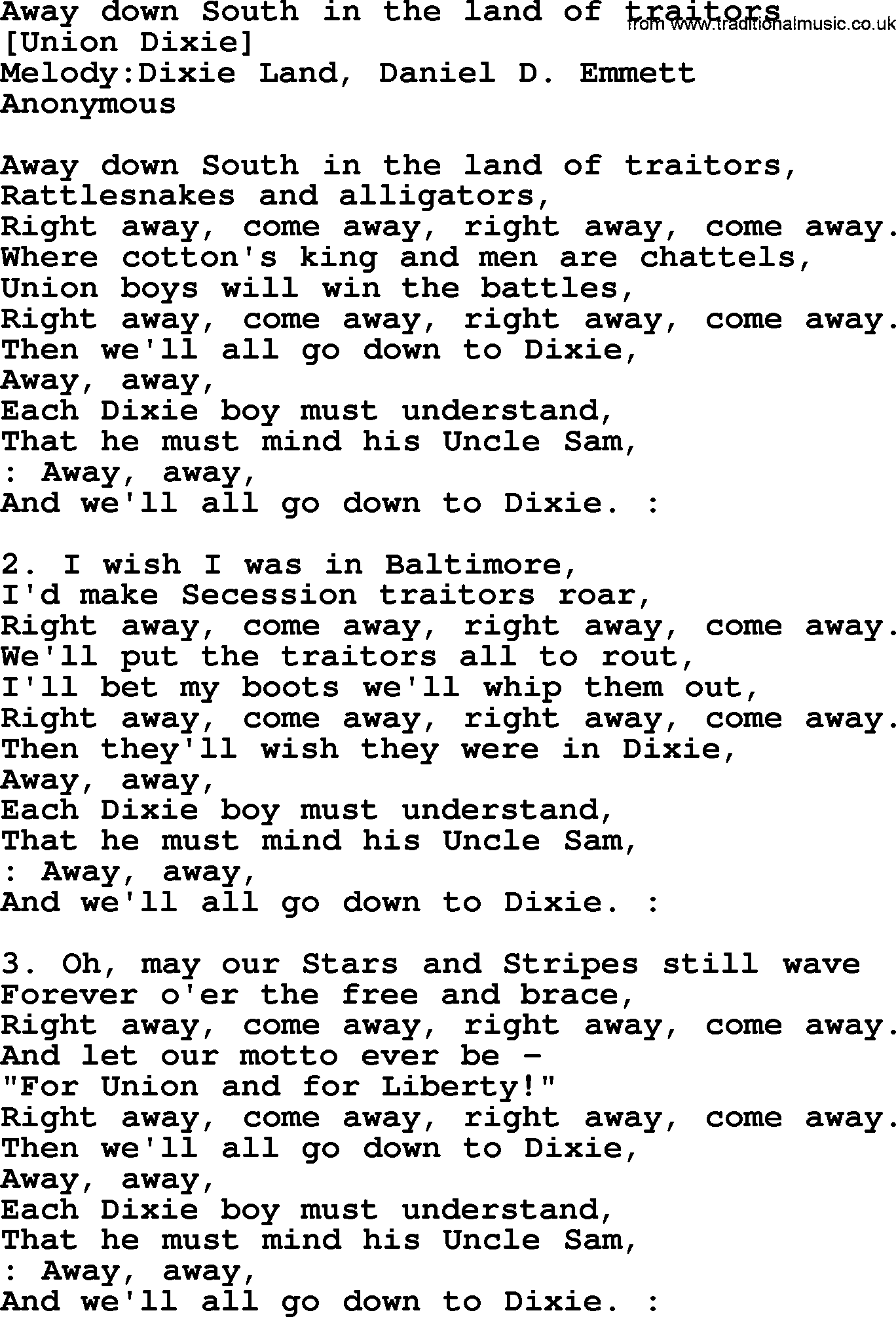 Old American Song: Away Down South In The Land Of Traitors, lyrics