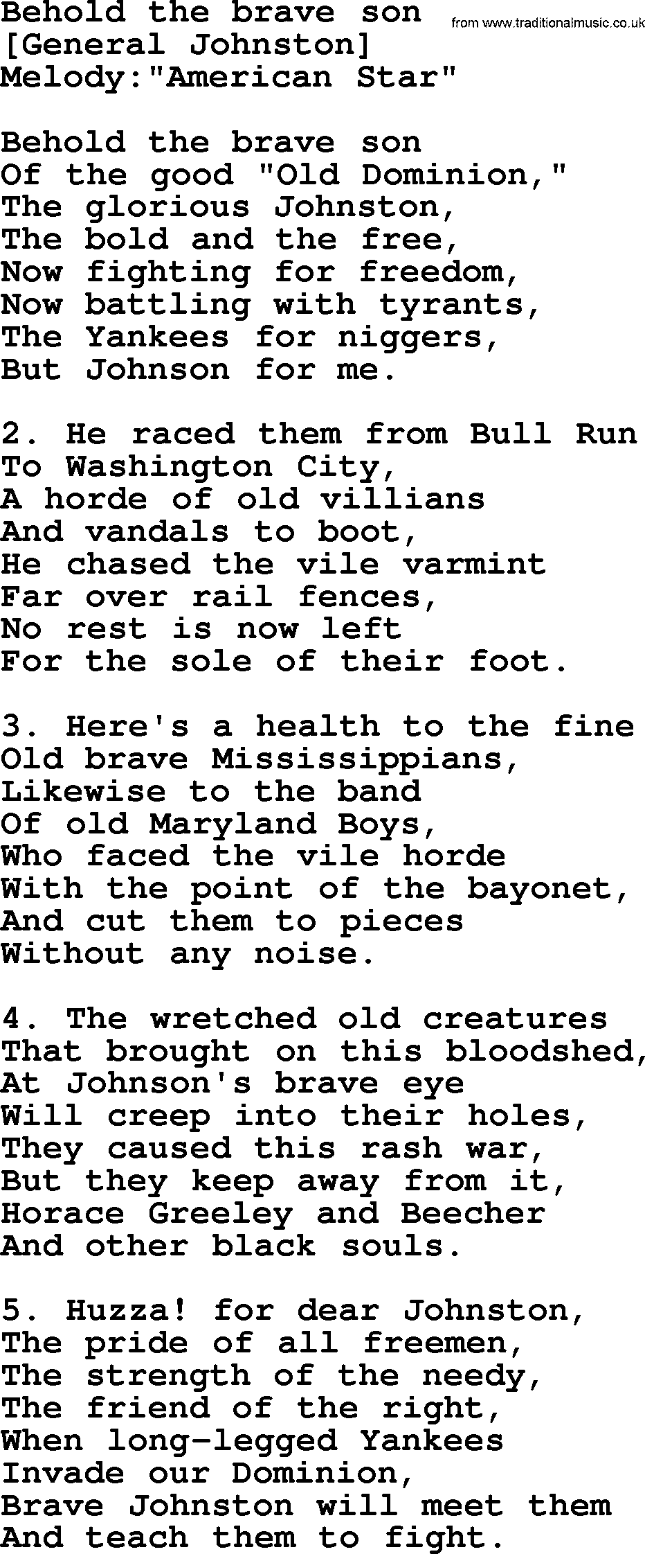 Old American Song: Behold The Brave Son, lyrics