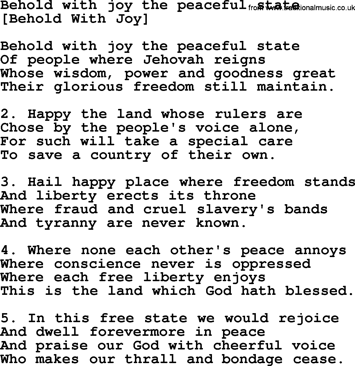 Old American Song: Behold With Joy The Peaceful State, lyrics