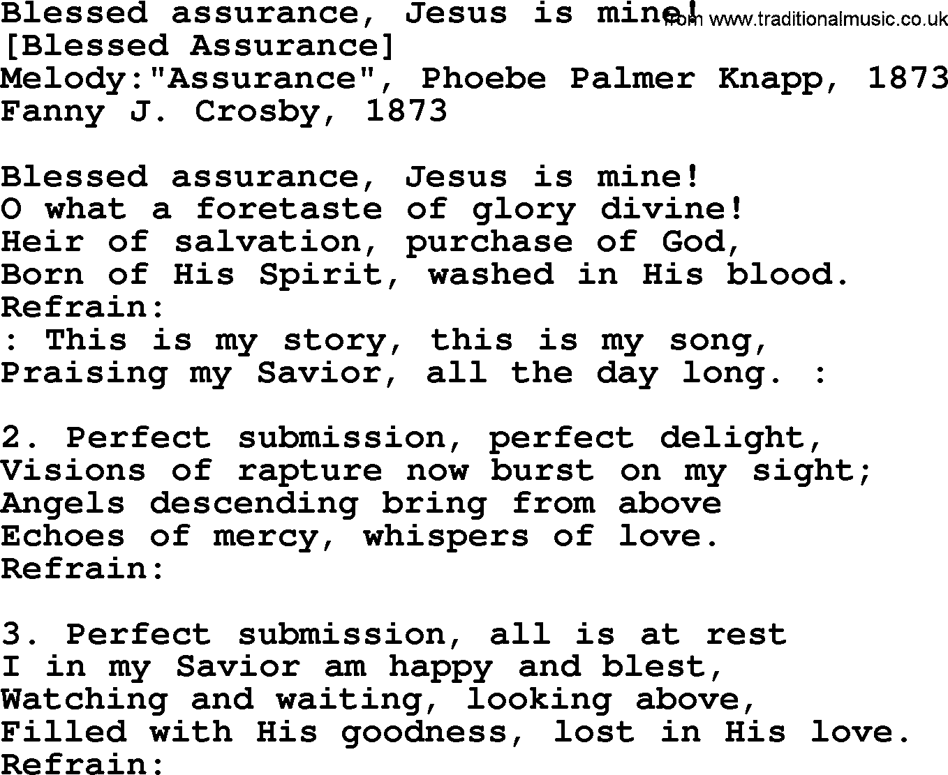 Old American Song: Blessed Assurance, Jesus Is Mine!, lyrics