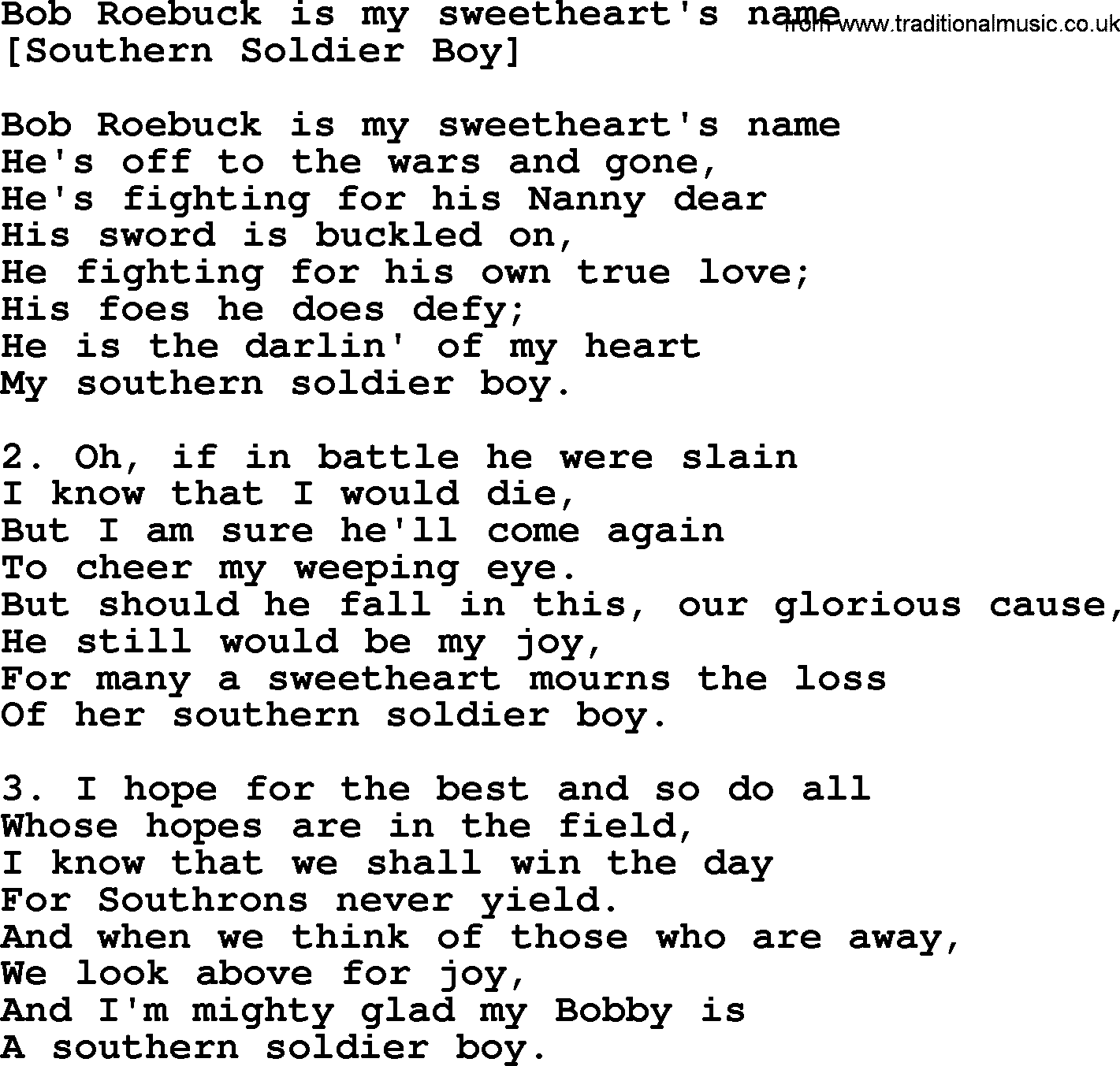 Old American Song: Bob Roebuck Is My Sweetheart's Name, lyrics
