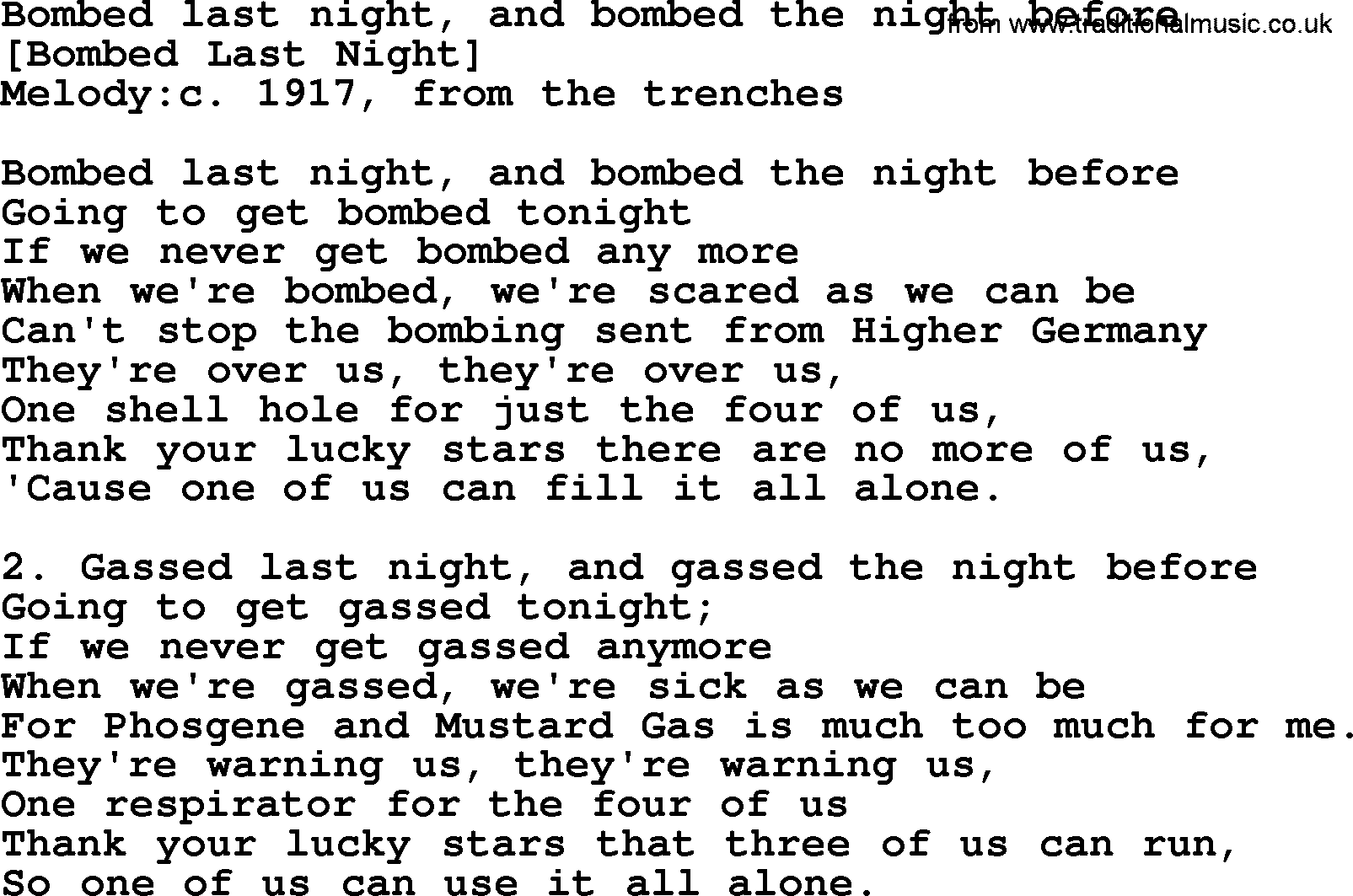 Old American Song: Bombed Last Night, And Bombed The Night Before, lyrics