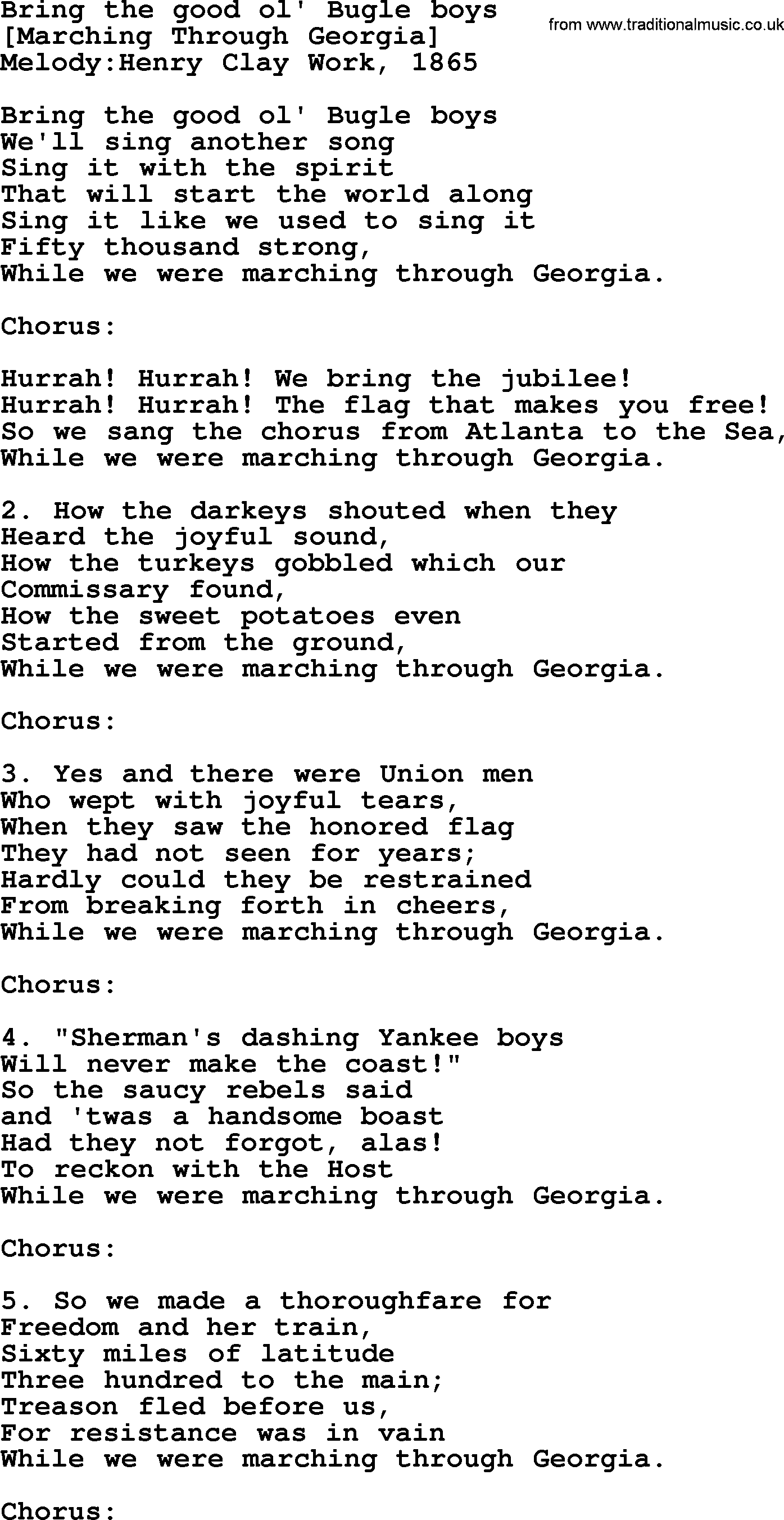 Old American Song: Bring The Good Ol' Bugle Boys, lyrics