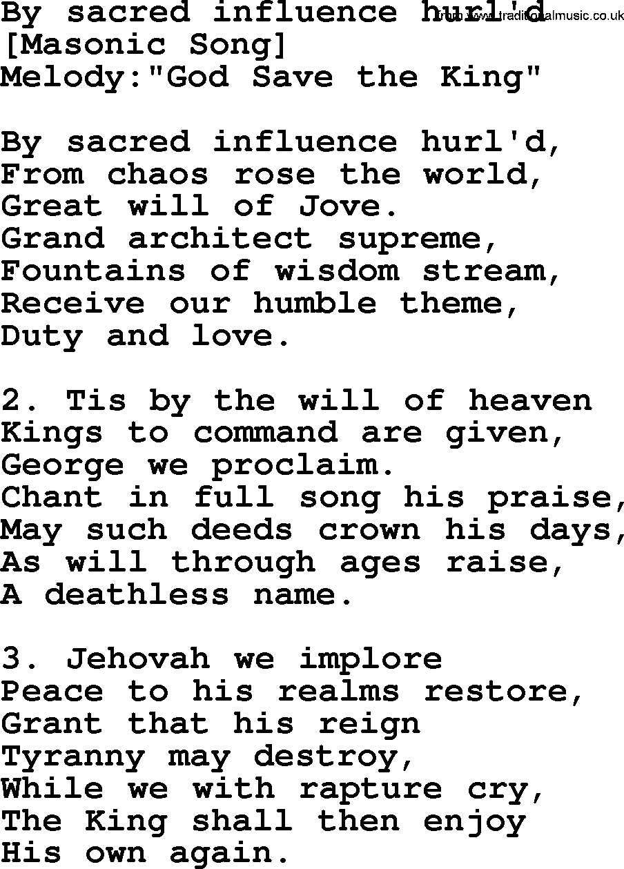 Old American Song: By Sacred Influence Hurl'd, lyrics