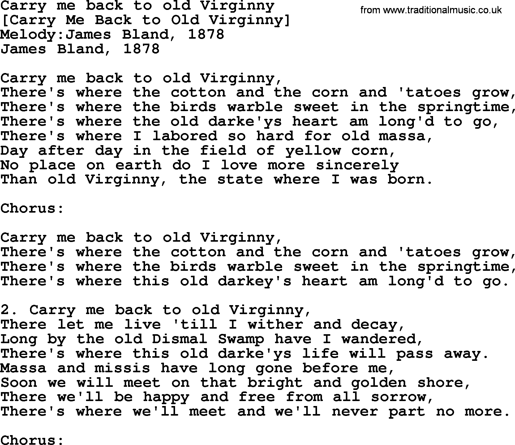 Old American Song: Carry Me Back To Old Virginny, lyrics