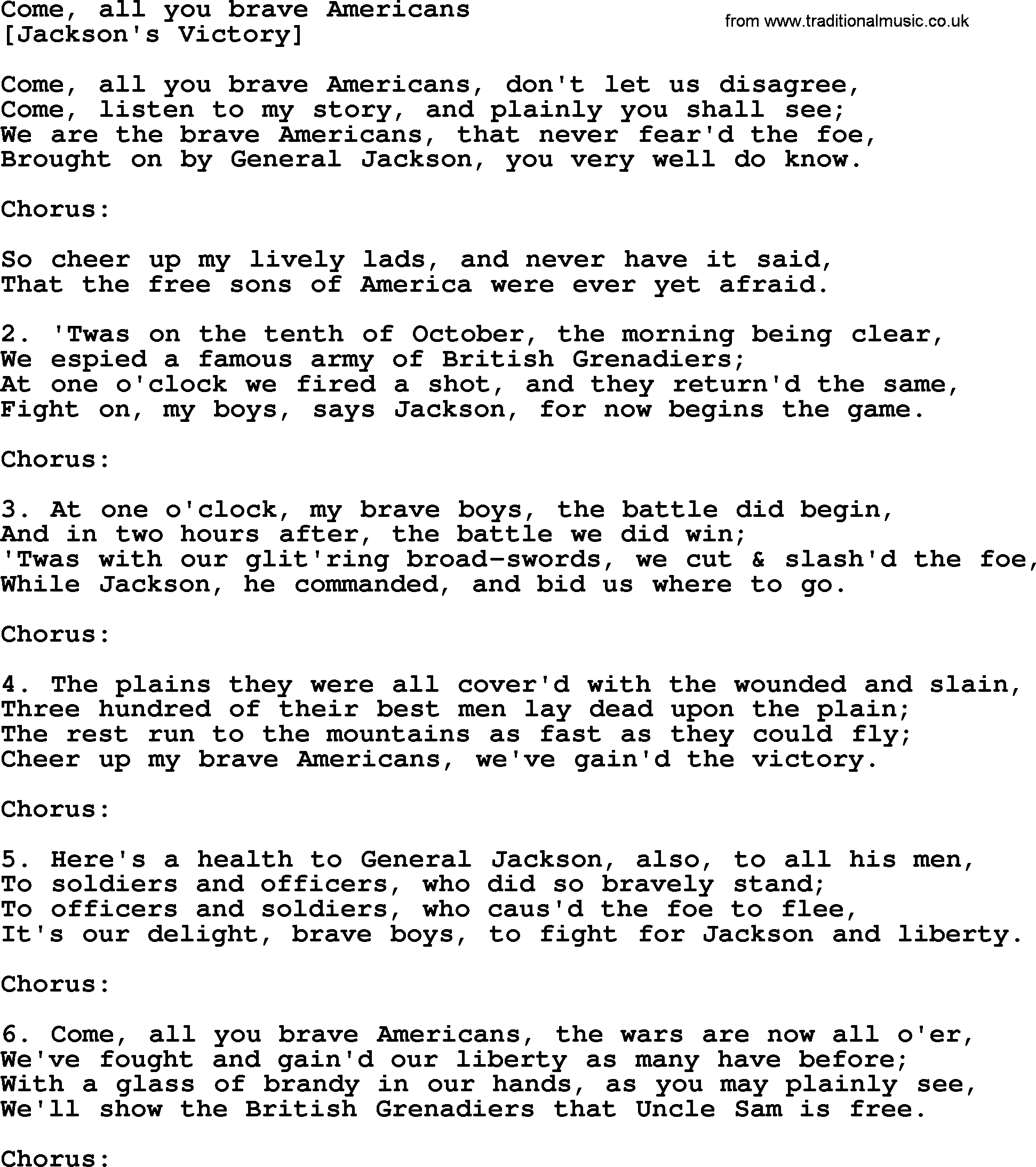 Old American Song: Come, All You Brave Americans, lyrics