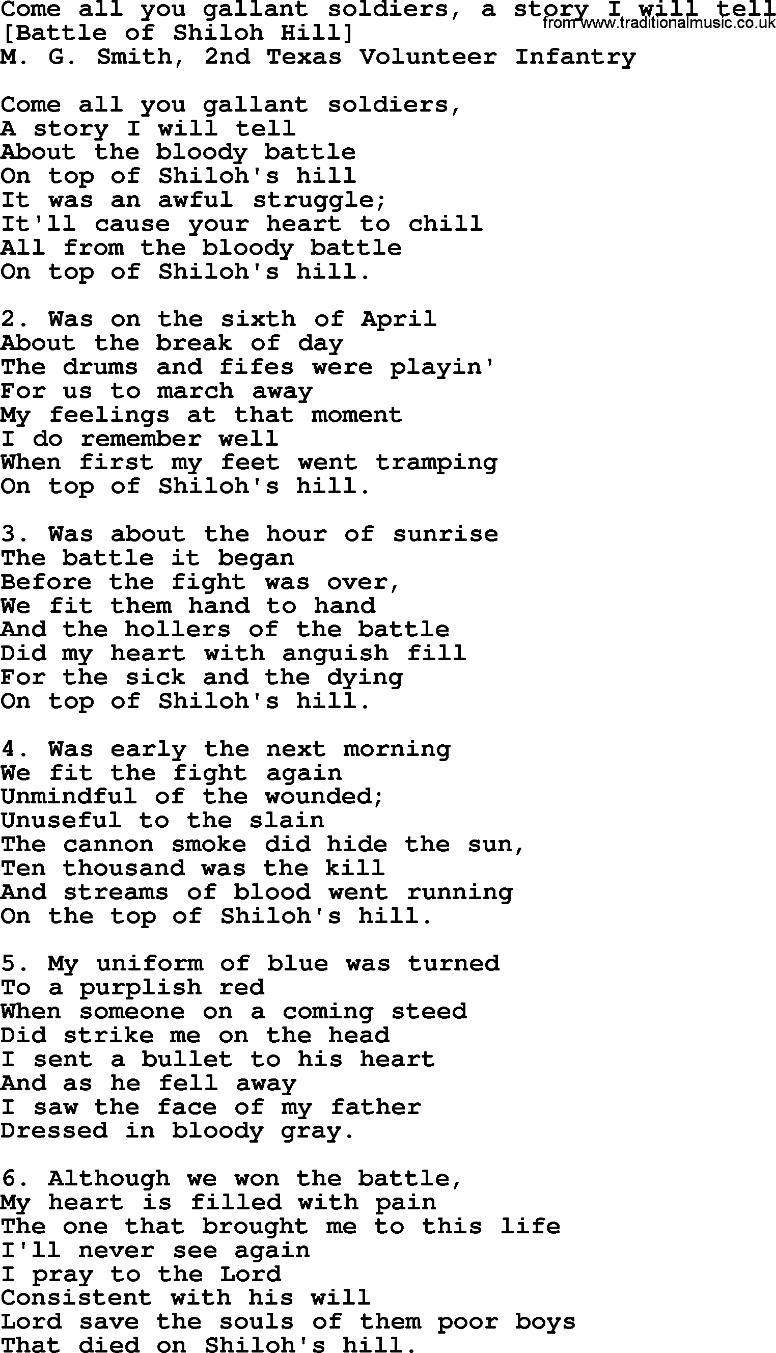 Old American Song: Come All You Gallant Soldiers, A Story I Will Tell, lyrics