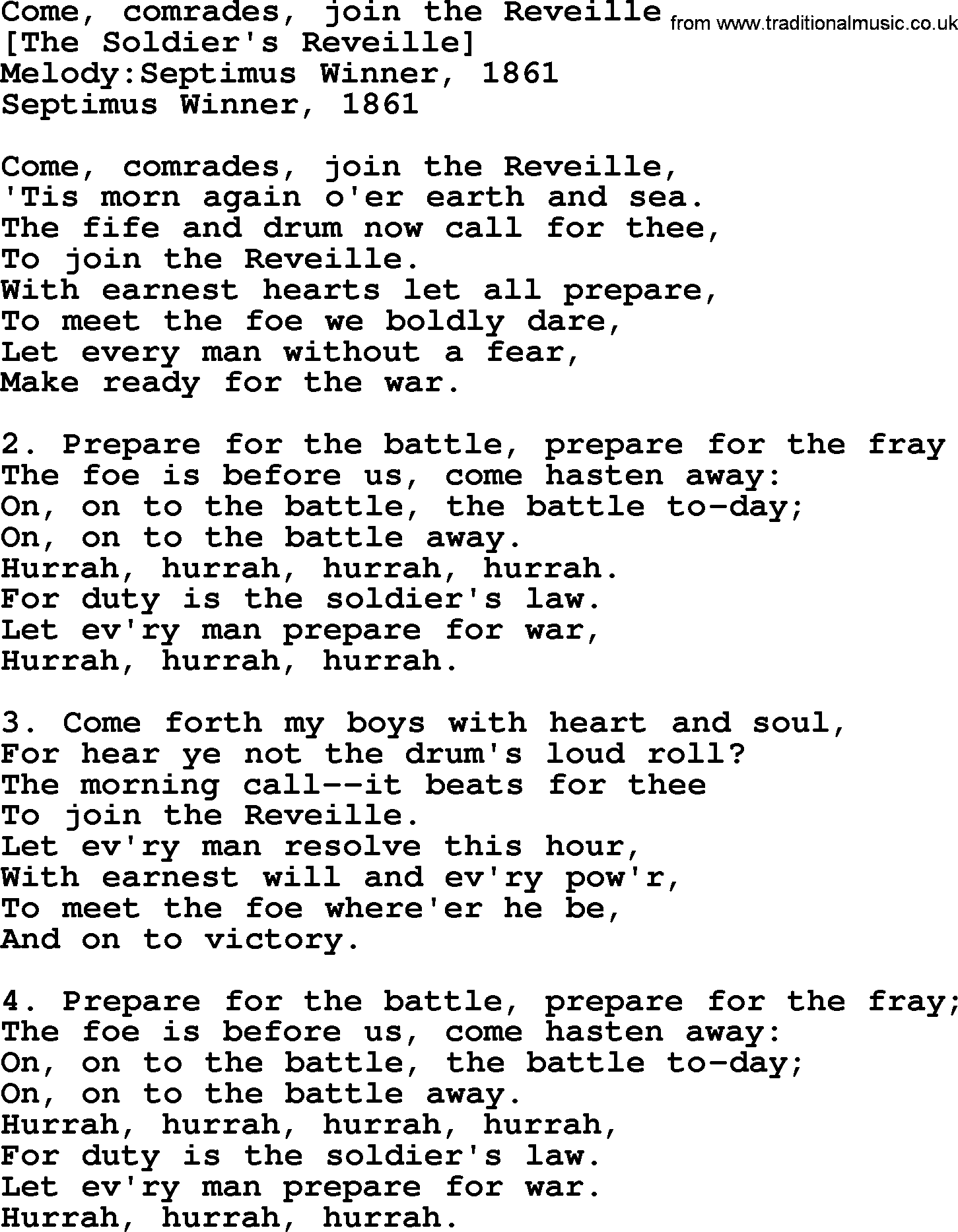 Old American Song: Come, Comrades, Join The Reveille, lyrics