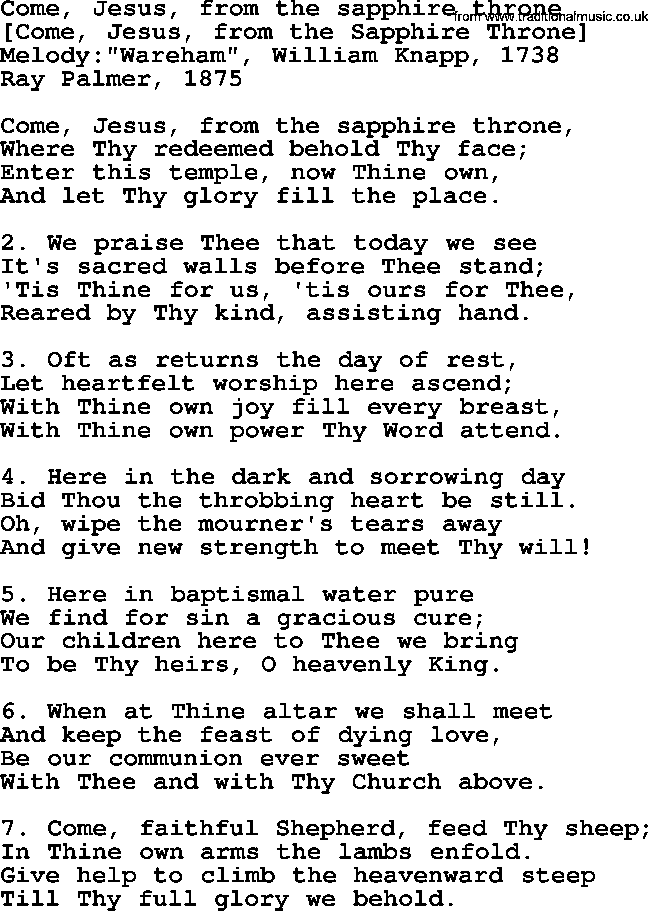 Old American Song: Come, Jesus, From The Sapphire Throne, lyrics