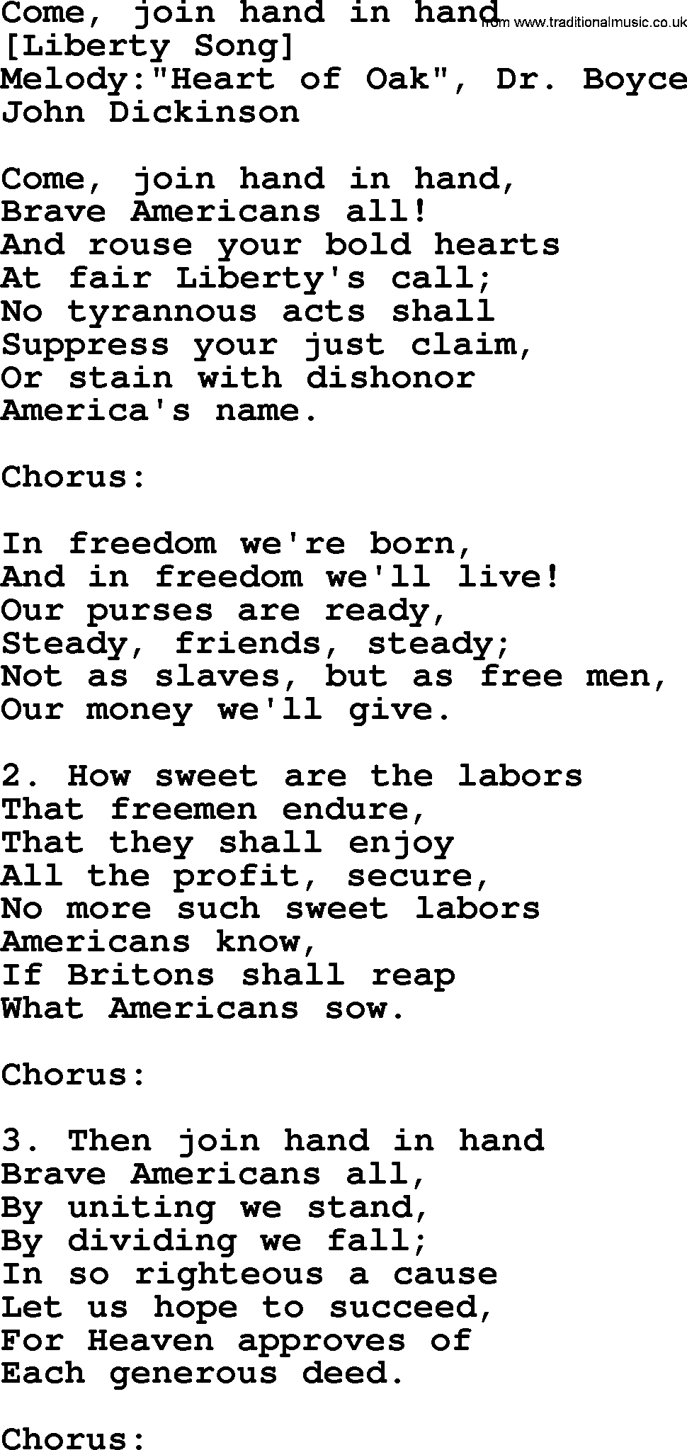 Old American Song: Come, Join Hand In Hand, lyrics