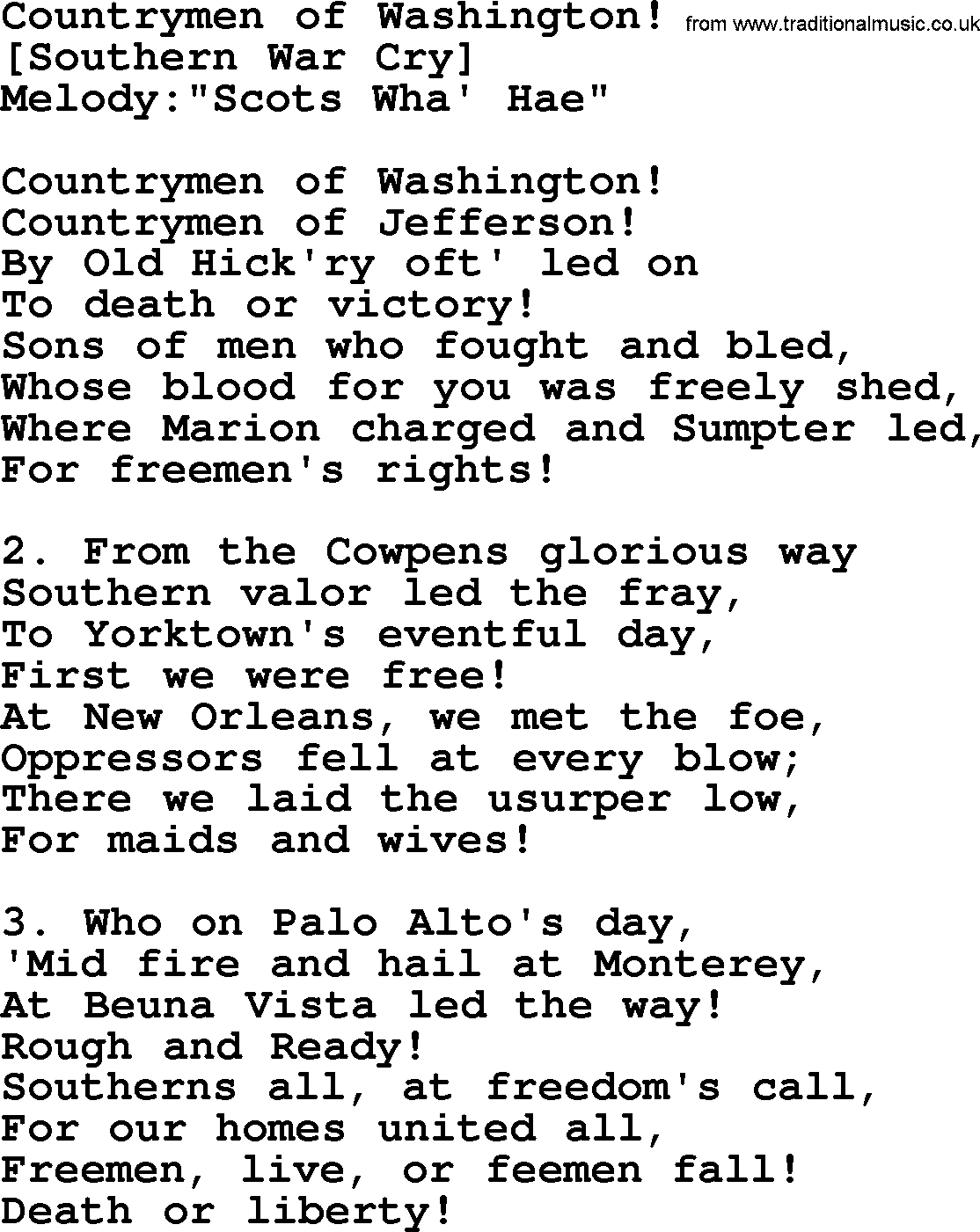Old American Song: Countrymen Of Washington!, lyrics