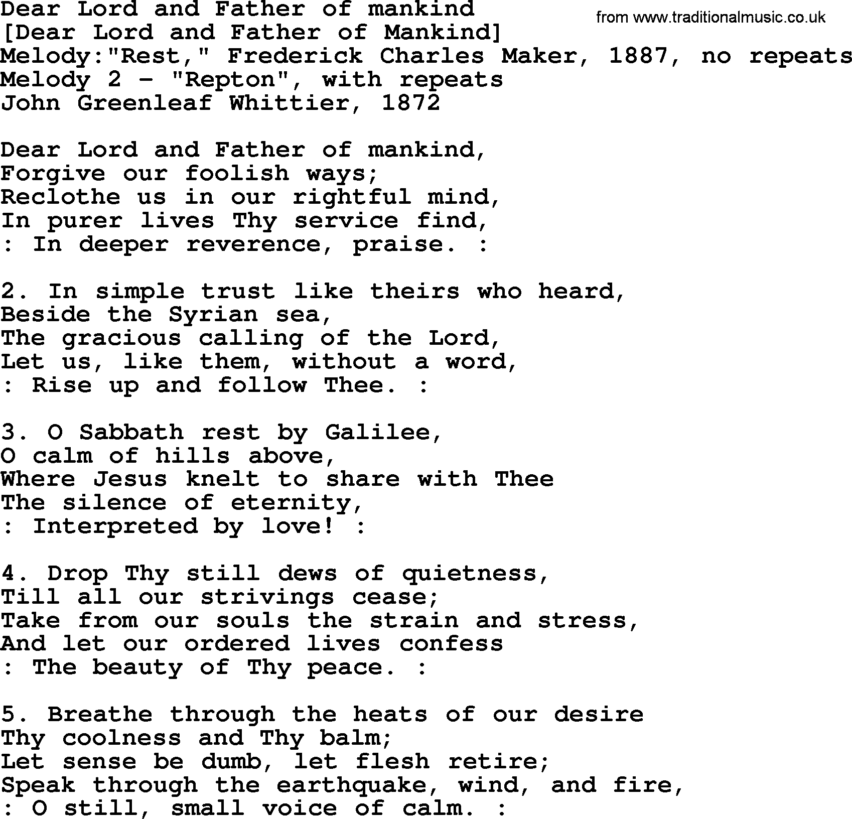 Old American Song: Dear Lord And Father Of Mankind, lyrics