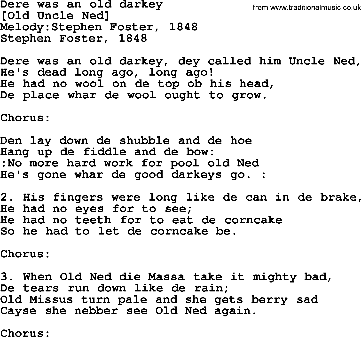 Old American Song: Dere Was An Old Darkey, lyrics