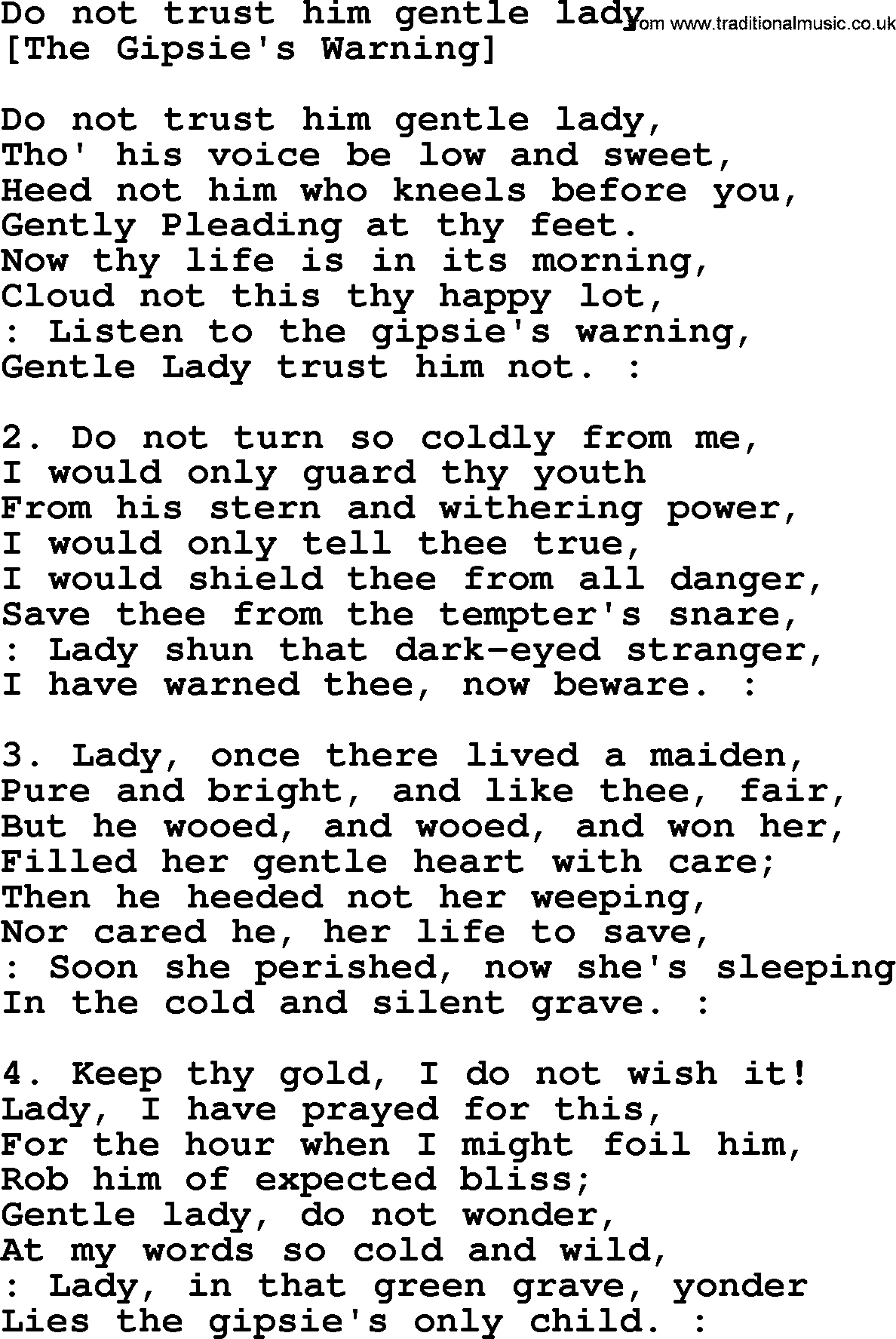 Old American Song: Do Not Trust Him Gentle Lady, lyrics