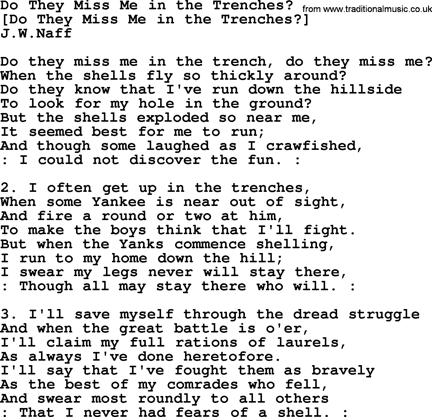 Old American Song: Do They Miss Me In The Trenches, lyrics